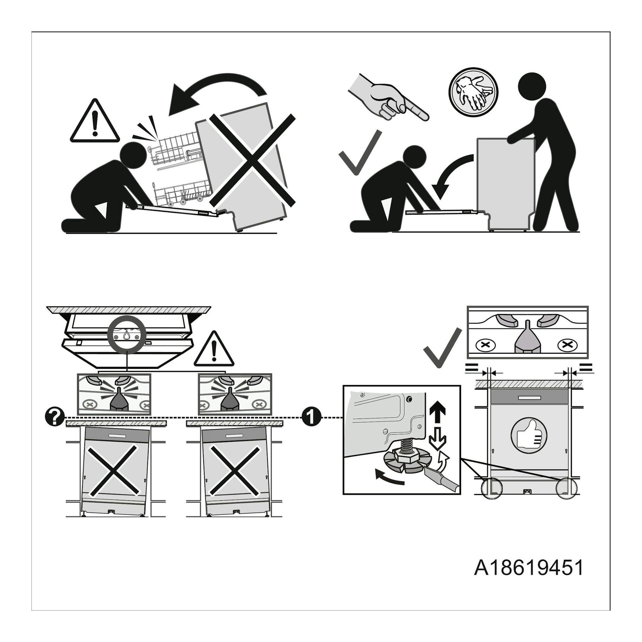 Diagrama de instalación de lavavajillas integrable Electrolux EEA27205L, con esquemas y advertencias.