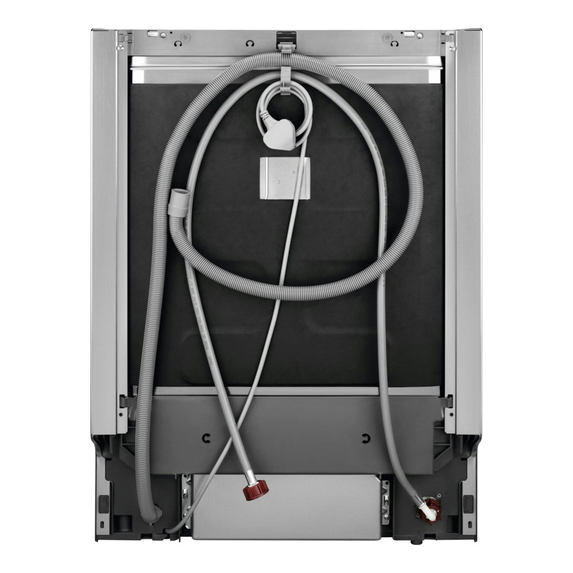 Lavavajillas integrable Electrolux EEA27205L, vista trasera, con mangueras y cables, en gris.