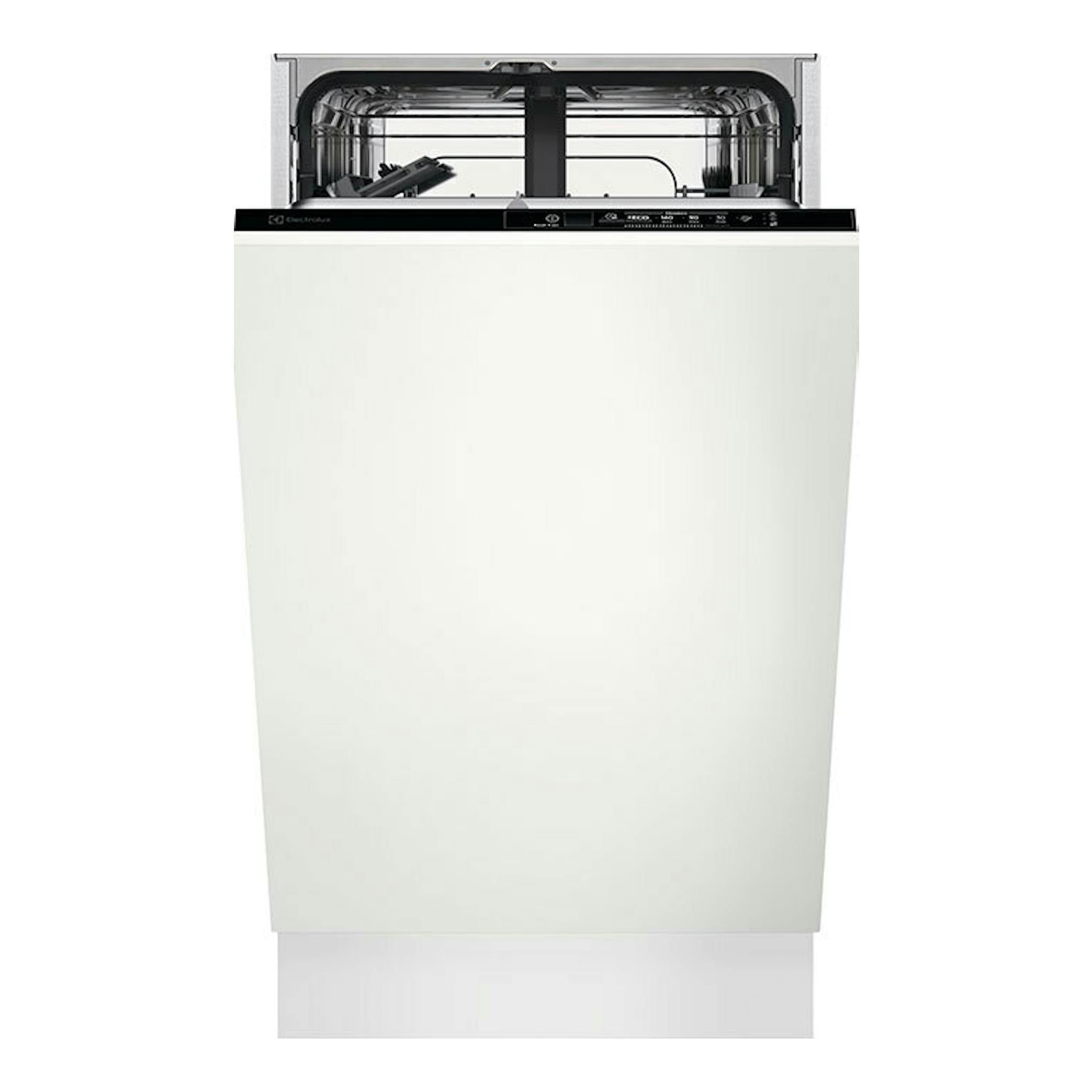 Lavavajillas integrable Electrolux EEA71210L blanco, vista frontal con puerta abierta e interior visible.