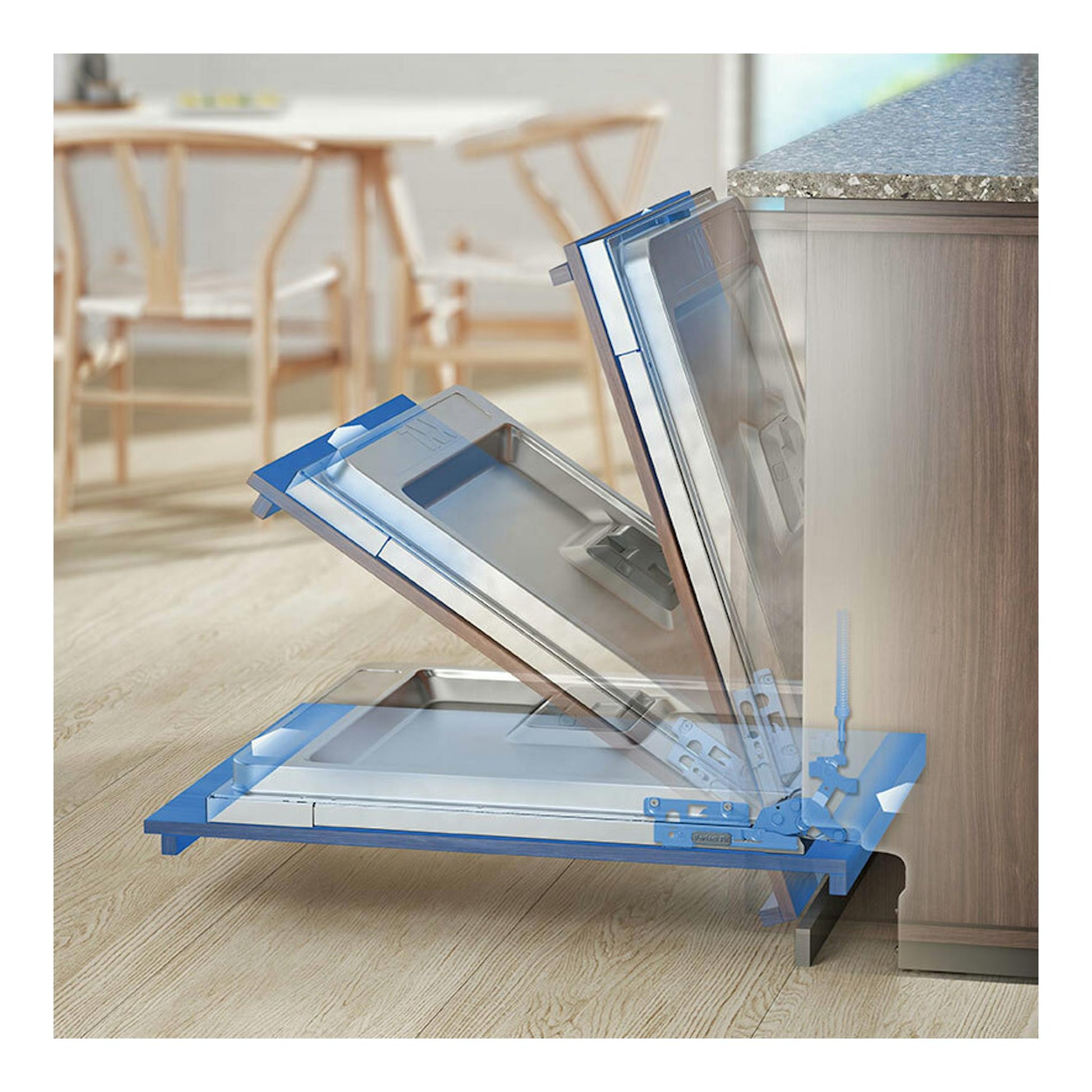 Lavavajillas integrable Electrolux EEA71210L, vista lateral con puerta abatible y mecanismo azul.