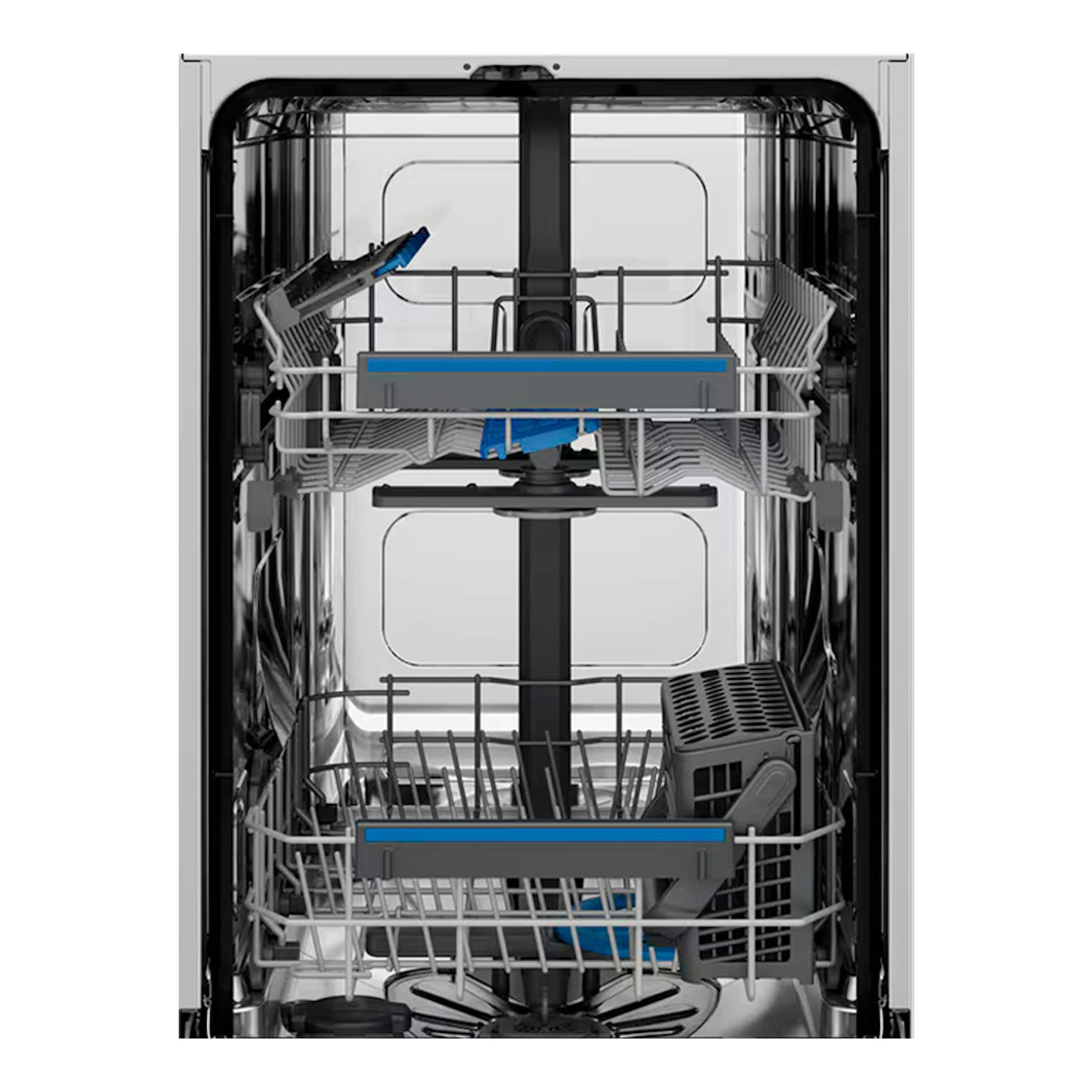 Lavavajillas integrable Electrolux EEG62310L, vista frontal interior con cestas grises y detalles azules.