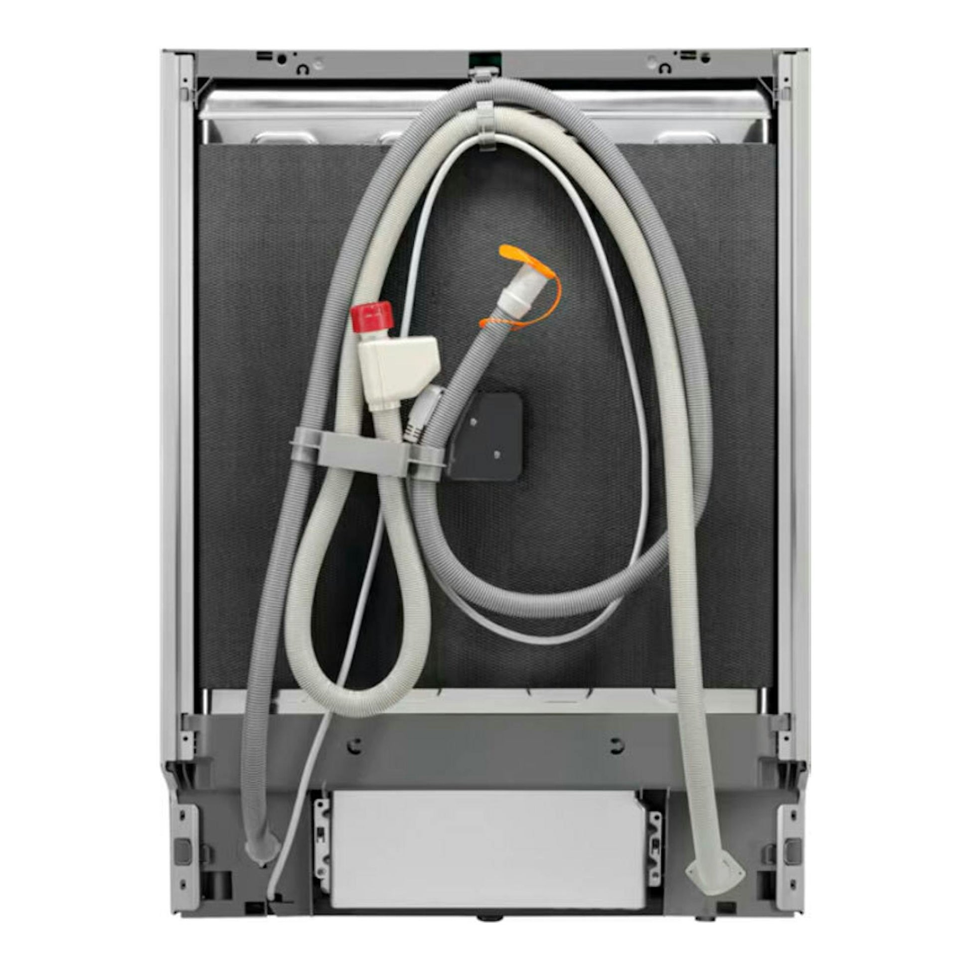 Lavavajillas integrable Electrolux EEG68500L de 60 cm, vista trasera con mangueras y cableado.