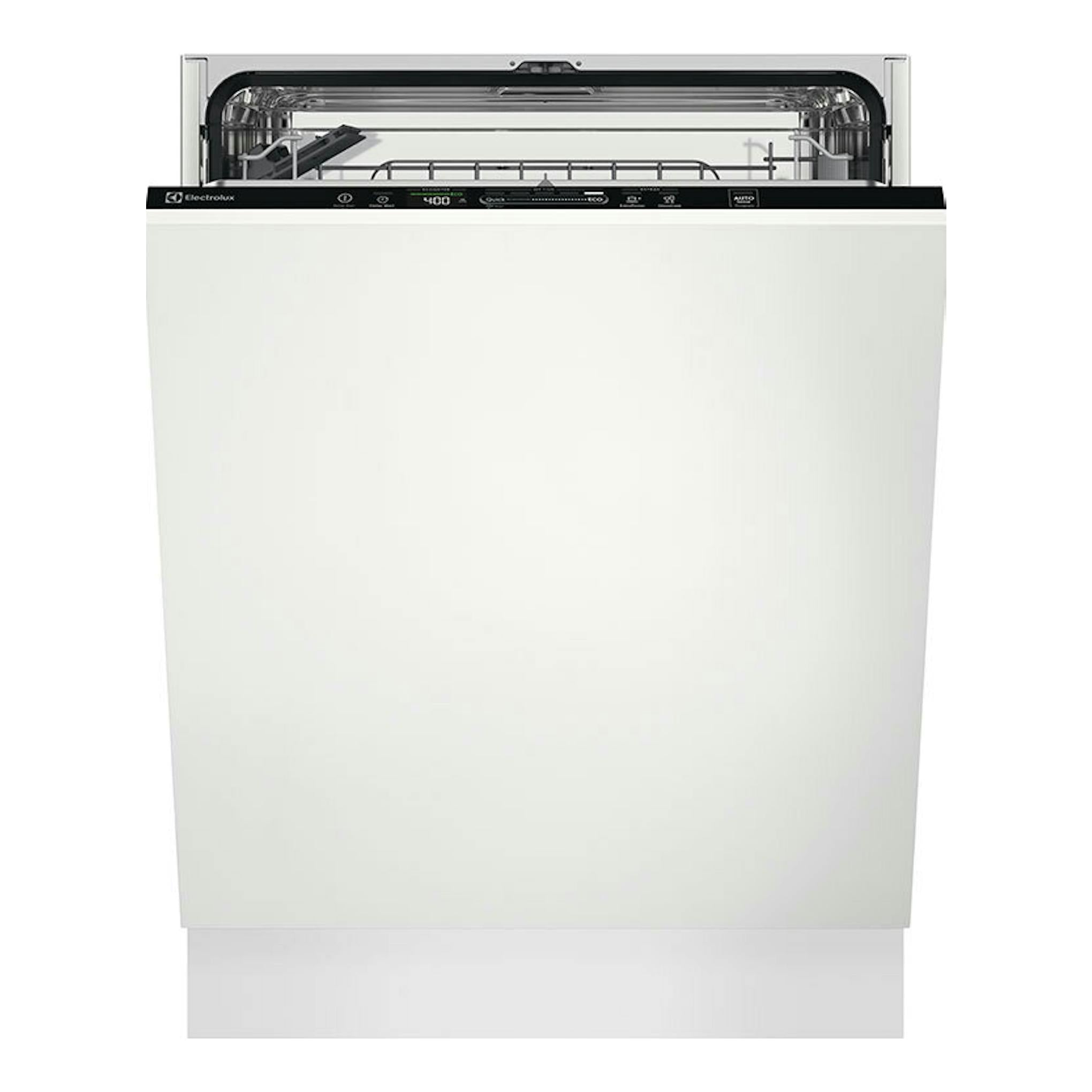 Lavavajillas integrable Electrolux EES47400L, vista frontal, panel blanco y puerta abierta en la parte superior.