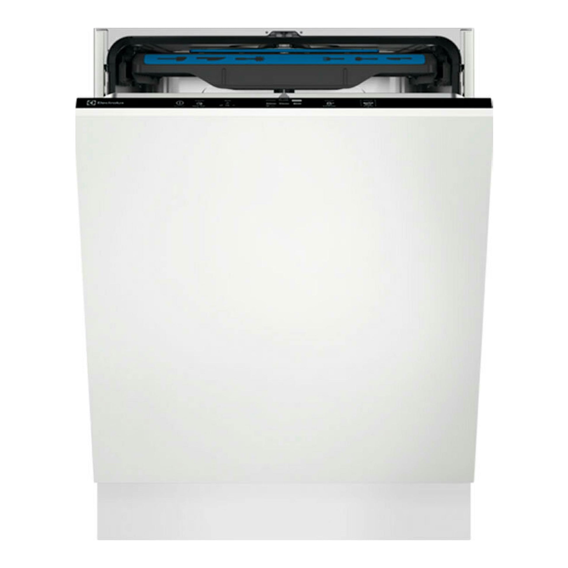 Lavavajillas integrable Electrolux LSV48400L, vista frontal, puerta blanca abierta y panel superior negro.