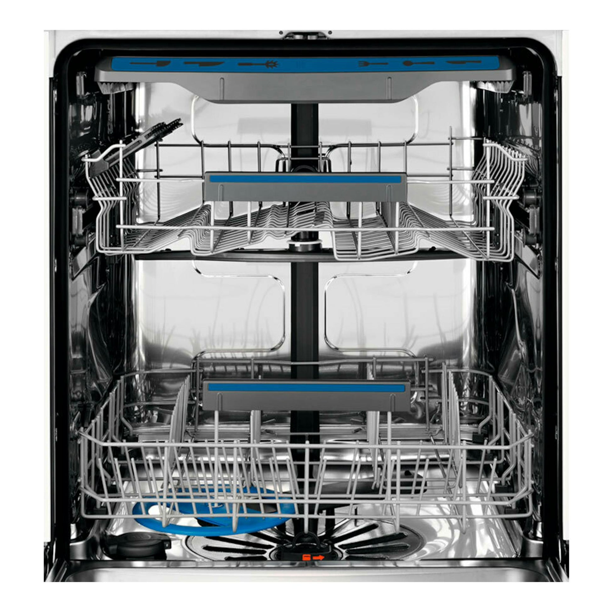 Interior de lavavajillas integrable Electrolux LSV48400L, vista frontal con cestas de acero inoxidable.