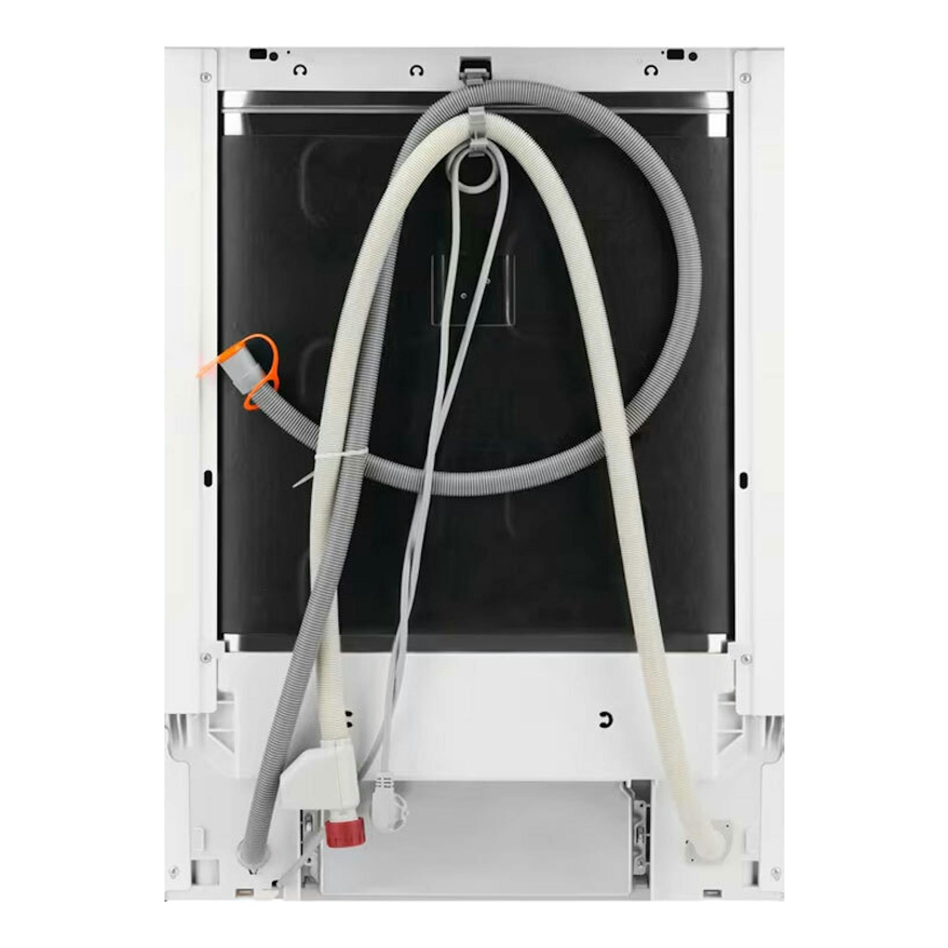 Lavavajillas integrable Electrolux LSV48400L, vista trasera, blanco y negro, con mangueras y cables visibles.
