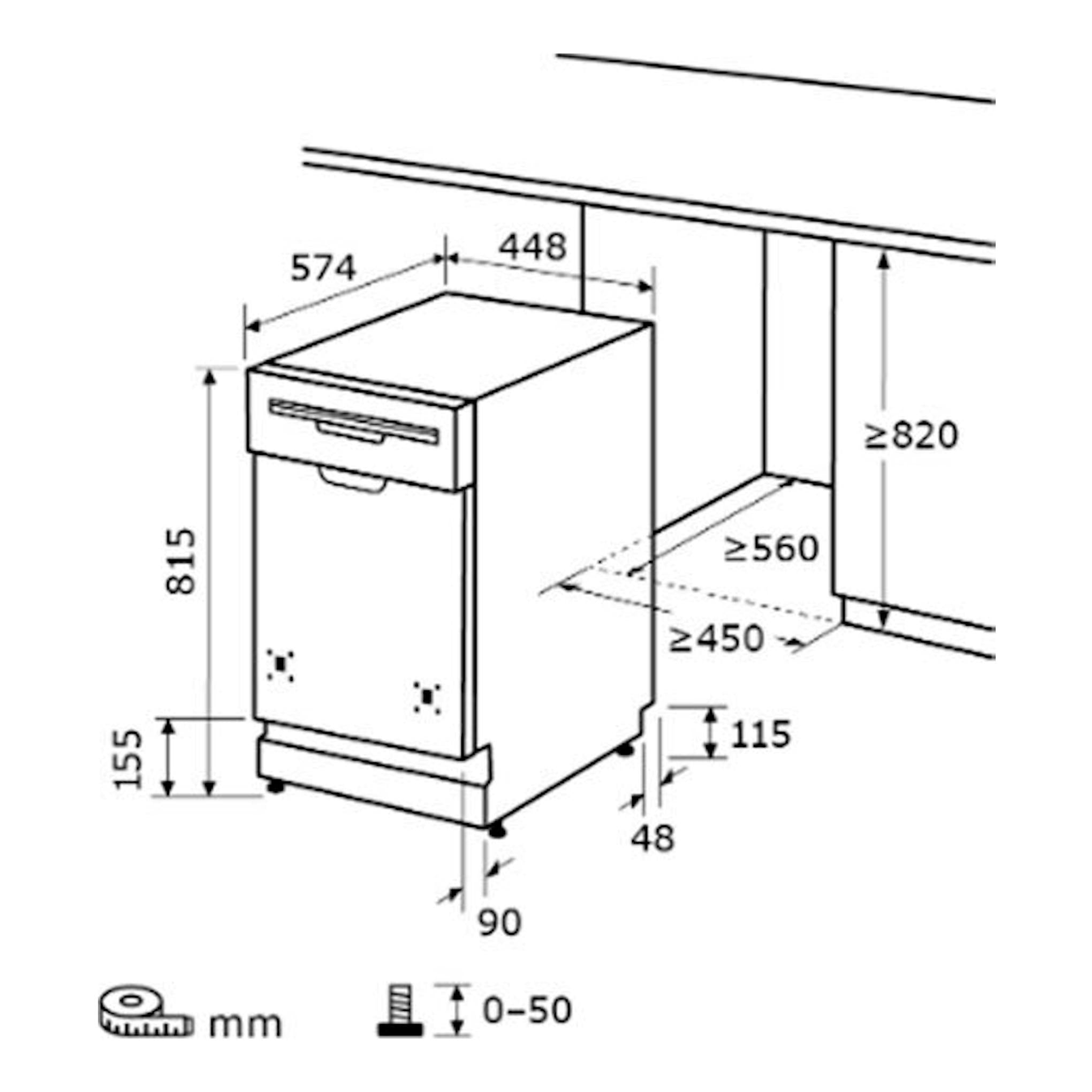 Dibujo técnico de lavavajillas integrable Exquisit EGSP1009-E-030E, vista frontal/lateral en blanco con medidas.