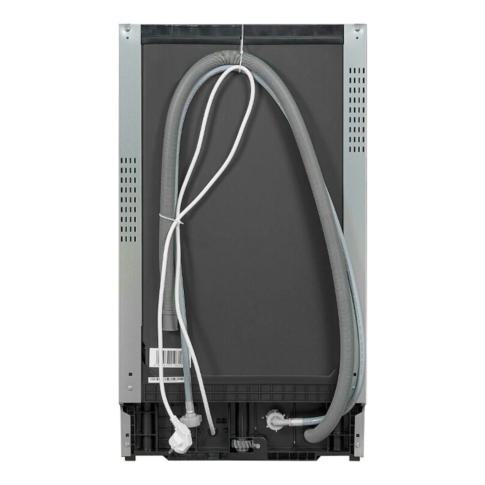 Lavavajillas integrable Exquisit EGSP1009-E-030E, vista trasera, con mangueras y cables visibles.
