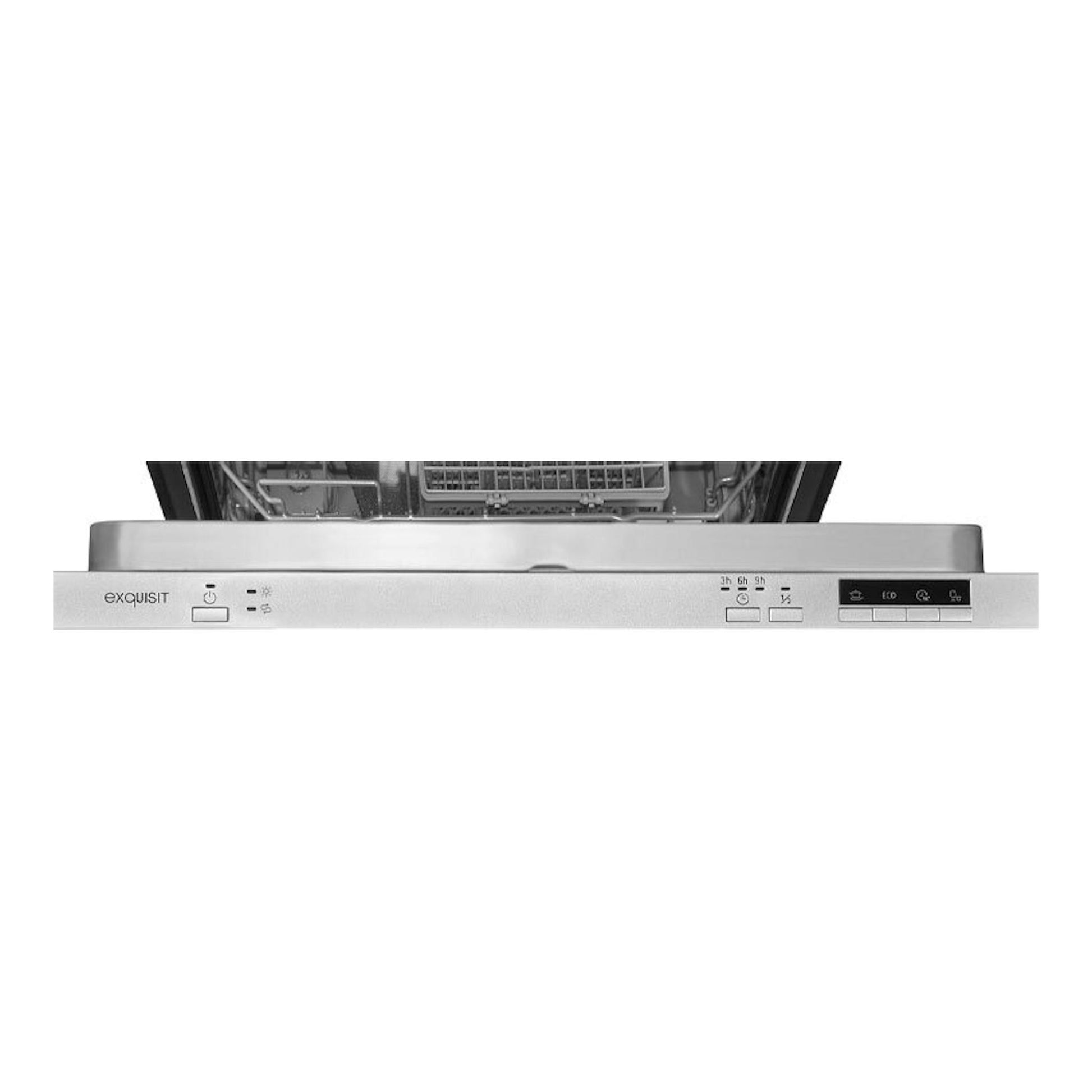 Lavavajillas integrable Exquisit EGSP6012-E-030E, vista frontal con puerta abierta y panel de control plateado.