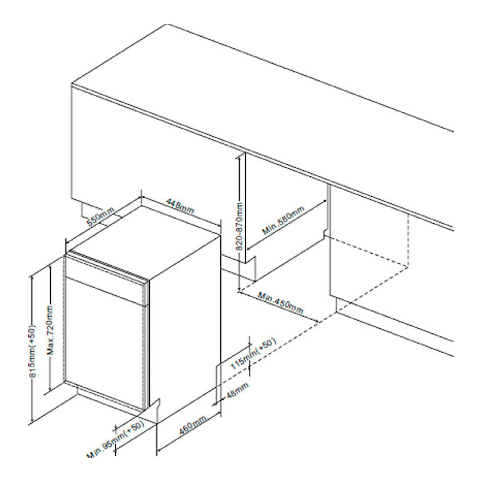 Esquema técnico del lavavajillas integrable Fagor 4LVF424IT en vista isométrica, blanco, con medidas.