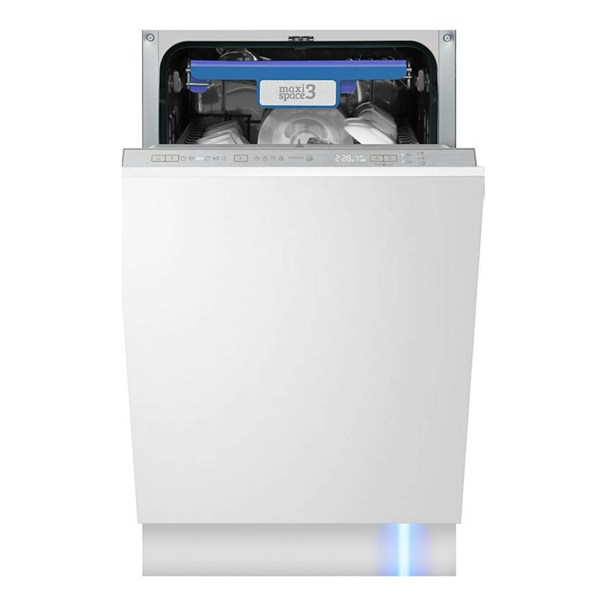 Lavavajillas integrable Fagor 4LVF435ADIT blanco, vista frontal con la puerta abierta.