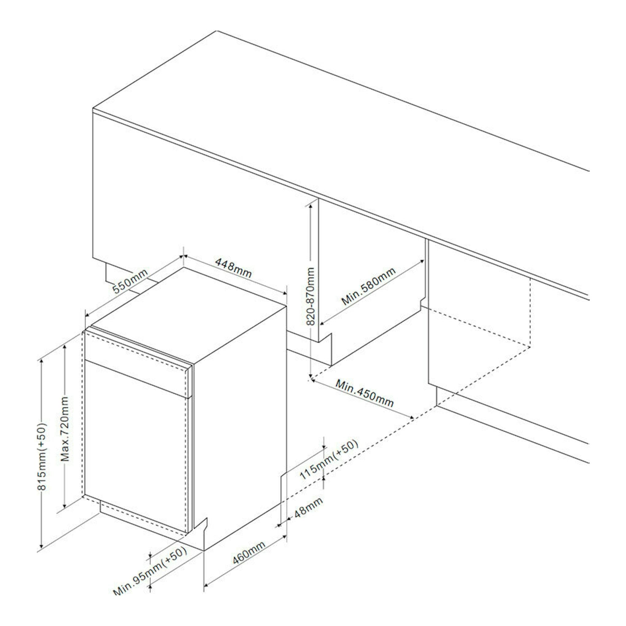 Lavavajillas integrable Fagor 4LVF435ADIT de 45 cm, dibujo técnico en blanco y negro con medidas de instalación.