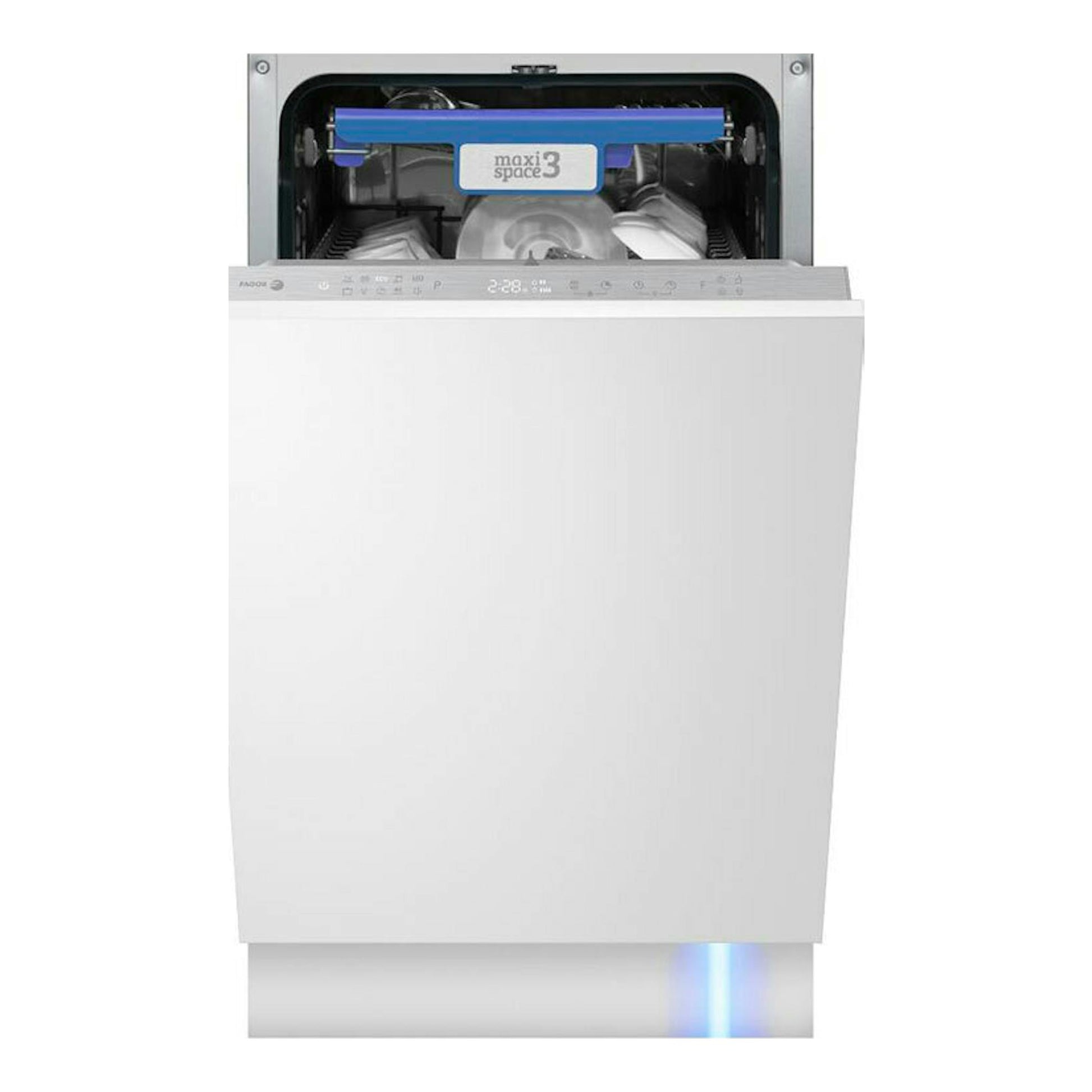 Lavavajillas integrable Fagor 4LVF438ADIT blanco, vista frontal con la puerta abierta.