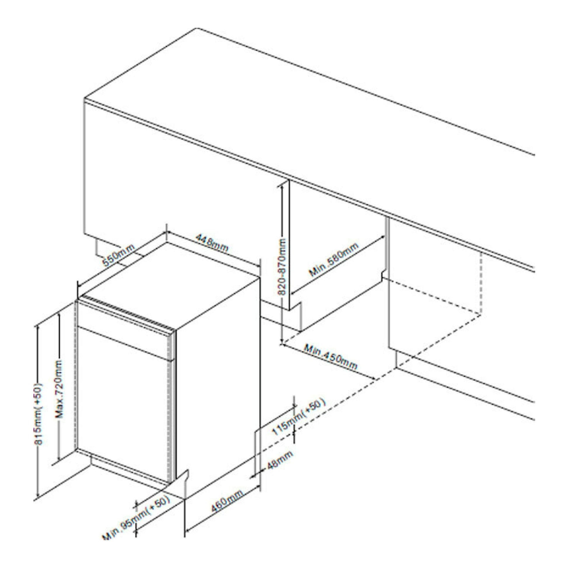 Esquema de instalación de lavavajillas integrable Fagor 4LVF438ADIT, vista isométrica con medidas en mm.