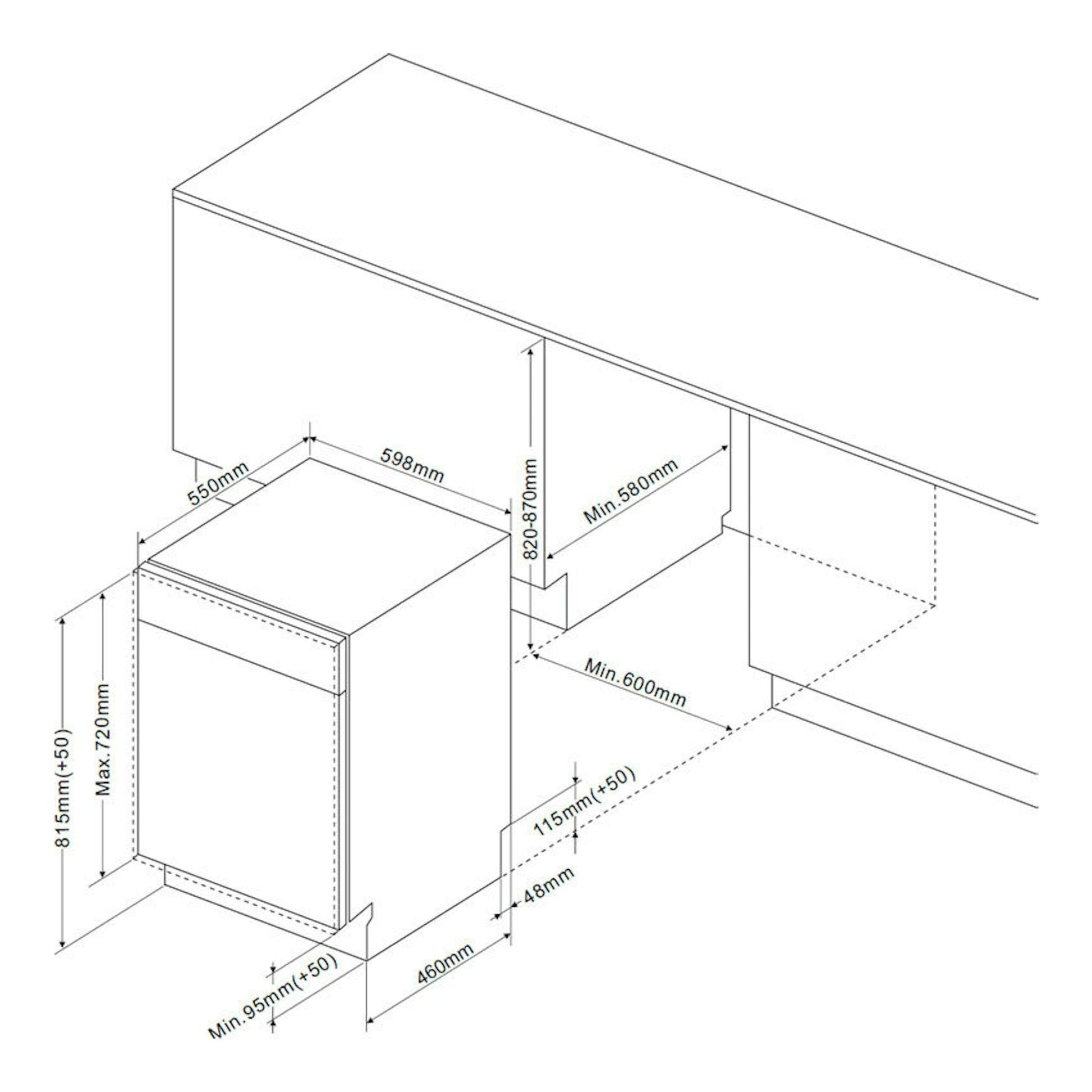 Diagrama de instalación del lavavajillas integrable Fagor 4LVF635ADIT en vista isométrica, con medidas.