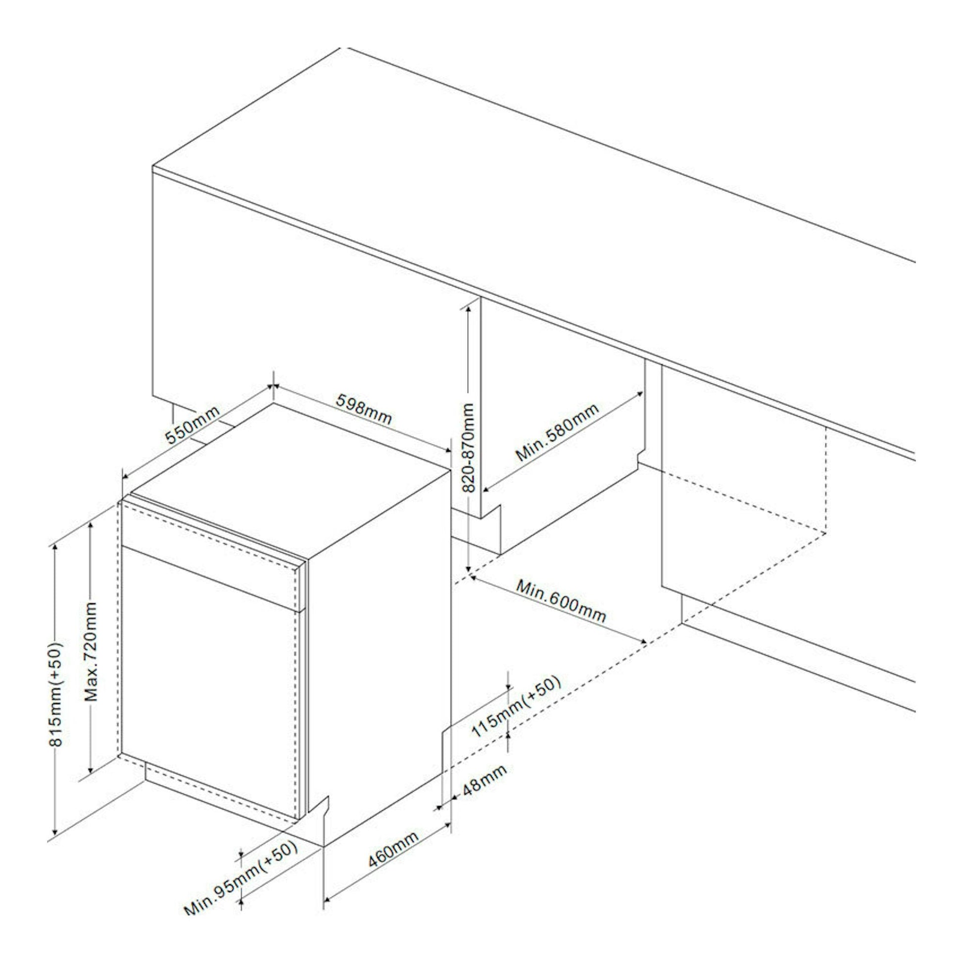 Lavavajillas integrable Fagor 4LVF637ADIT de 60 cm, dibujo técnico en blanco y negro con medidas de instalación.