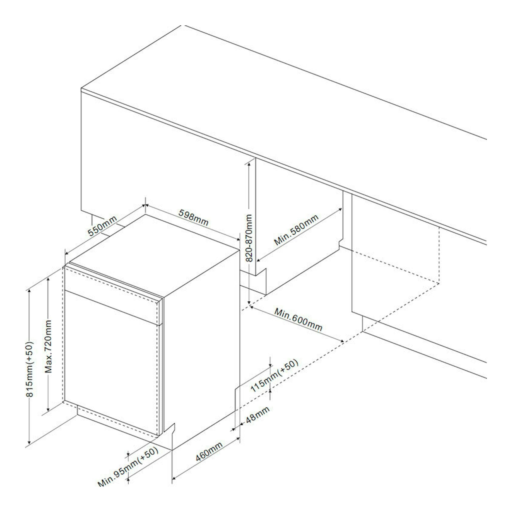 Lavavajillas integrable Fagor 4LVF637ADIT de 60 cm, dibujo técnico en blanco y negro con medidas de instalación.