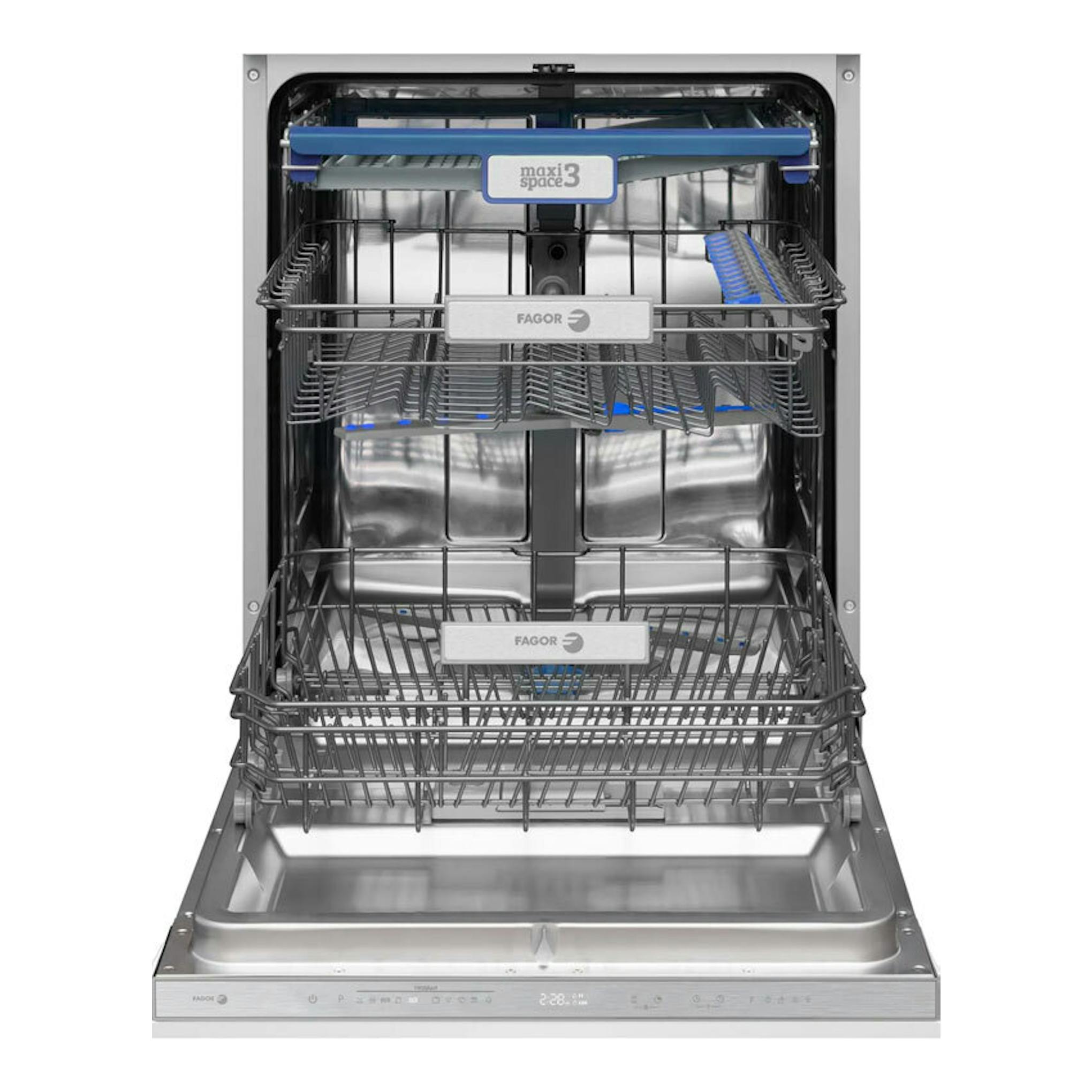 Lavavajillas integrable Fagor 4LVF637ADIT, vista frontal abierta, interior inox con cestas grises.