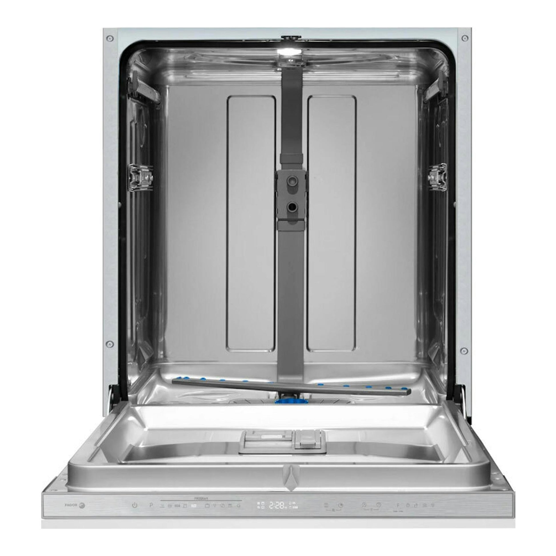 Lavavajillas integrable Fagor 4LVF638ADIT de 60 cm, vista frontal abierta, interior en acero inoxidable.
