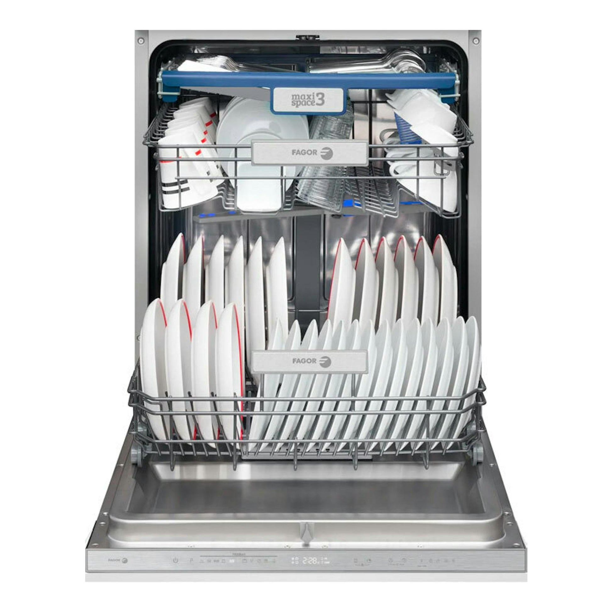 Lavavajillas integrable Fagor 4LVF638ADIT de 60 cm, puerta abierta, vista frontal, con cestas llenas de platos y vasos.