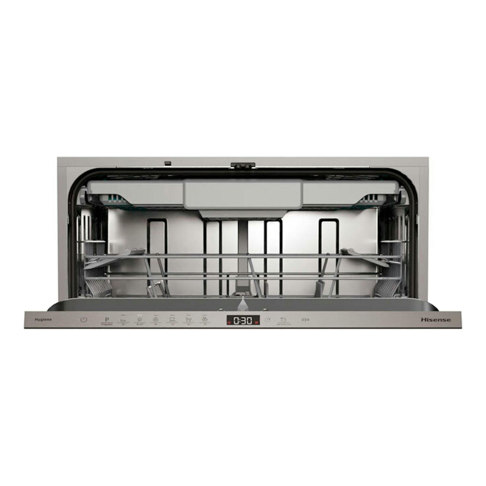 Lavavajillas integrable Hisense HV16D5 de 60 cm, vista frontal, puerta blanca abierta y panel superior gris.