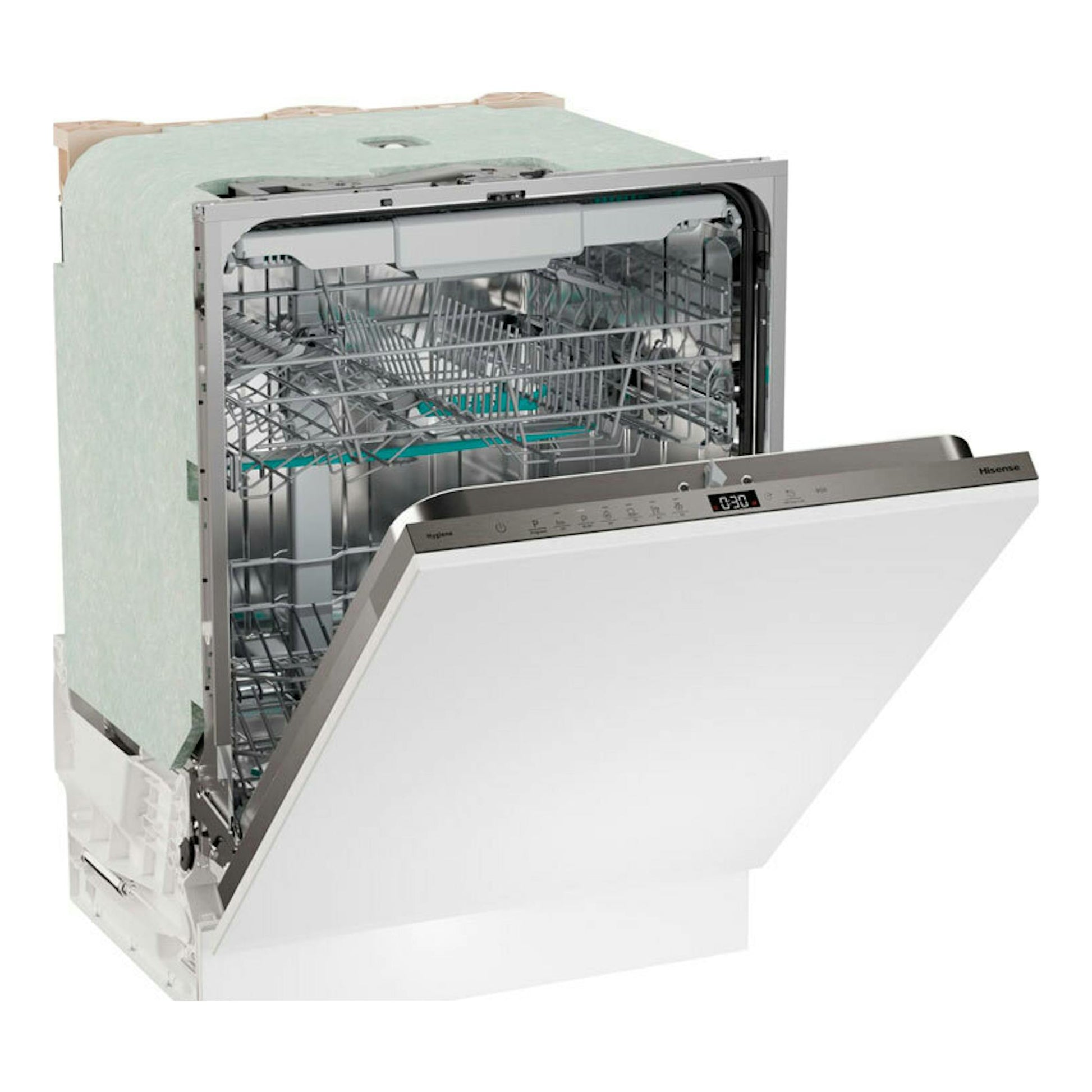 Lavavajillas integrable Hisense HV16D5, vista frontal en tres cuartos, puerta abierta y panel blanco.