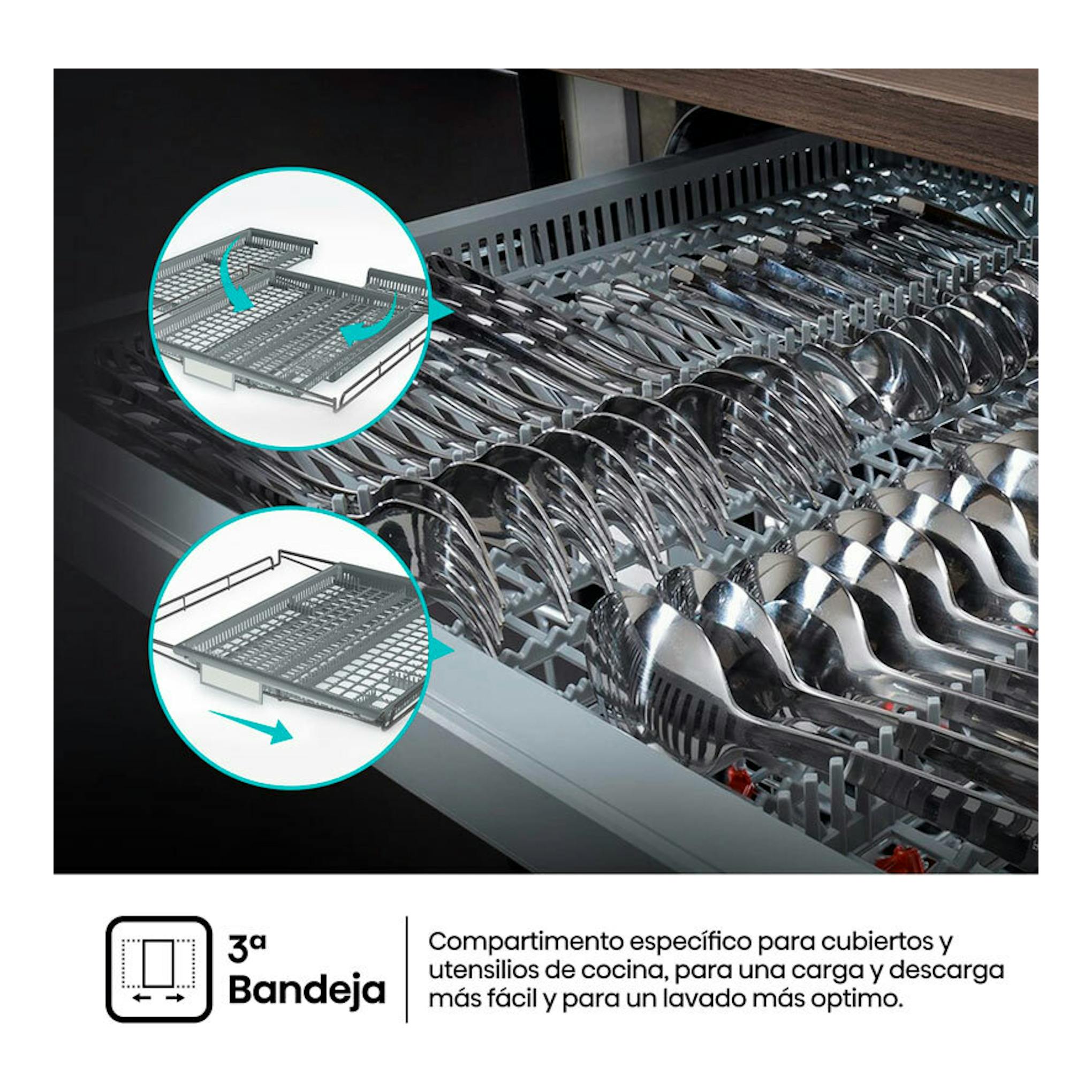 Hisense HV673A65: tercera bandeja de lavavajillas con cubiertos y utensilios, vista en primer plano.