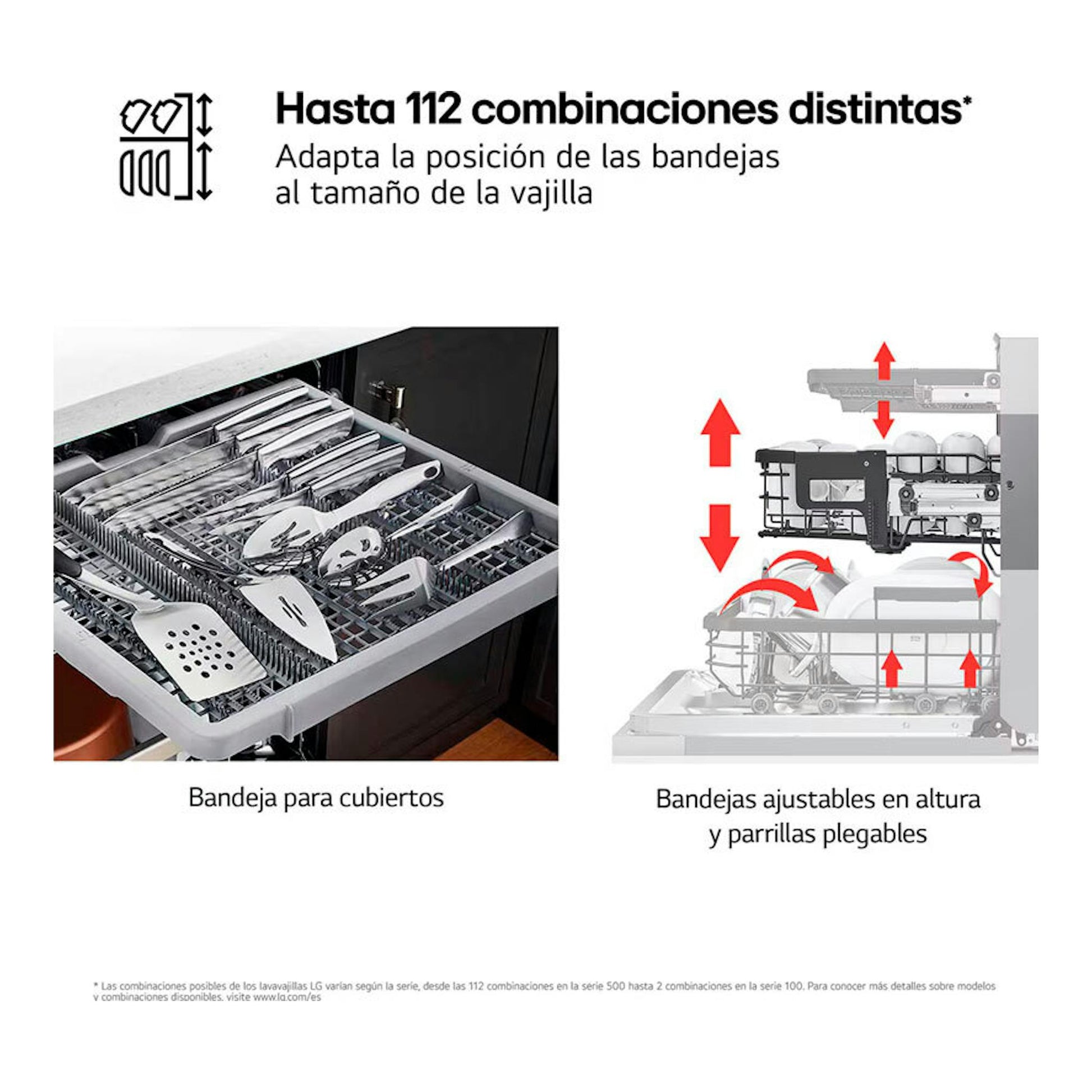 Infografía del lavavajillas integrable LG DB273TX: bandeja para cubiertos y cestas ajustables