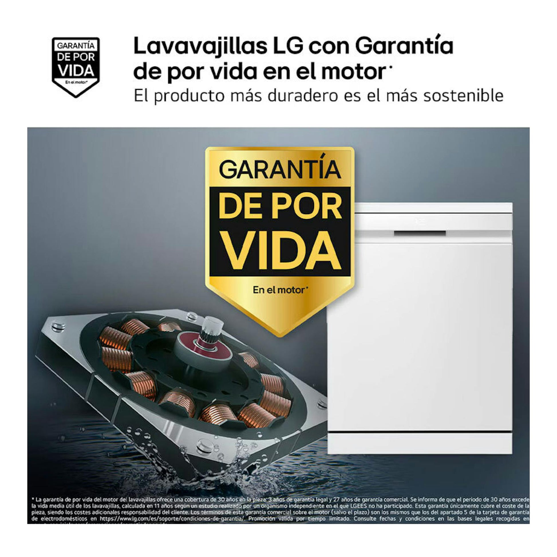 Lavavajillas integrable LG blanco, vista frontal, con gráfico de motor y garantía de por vida.