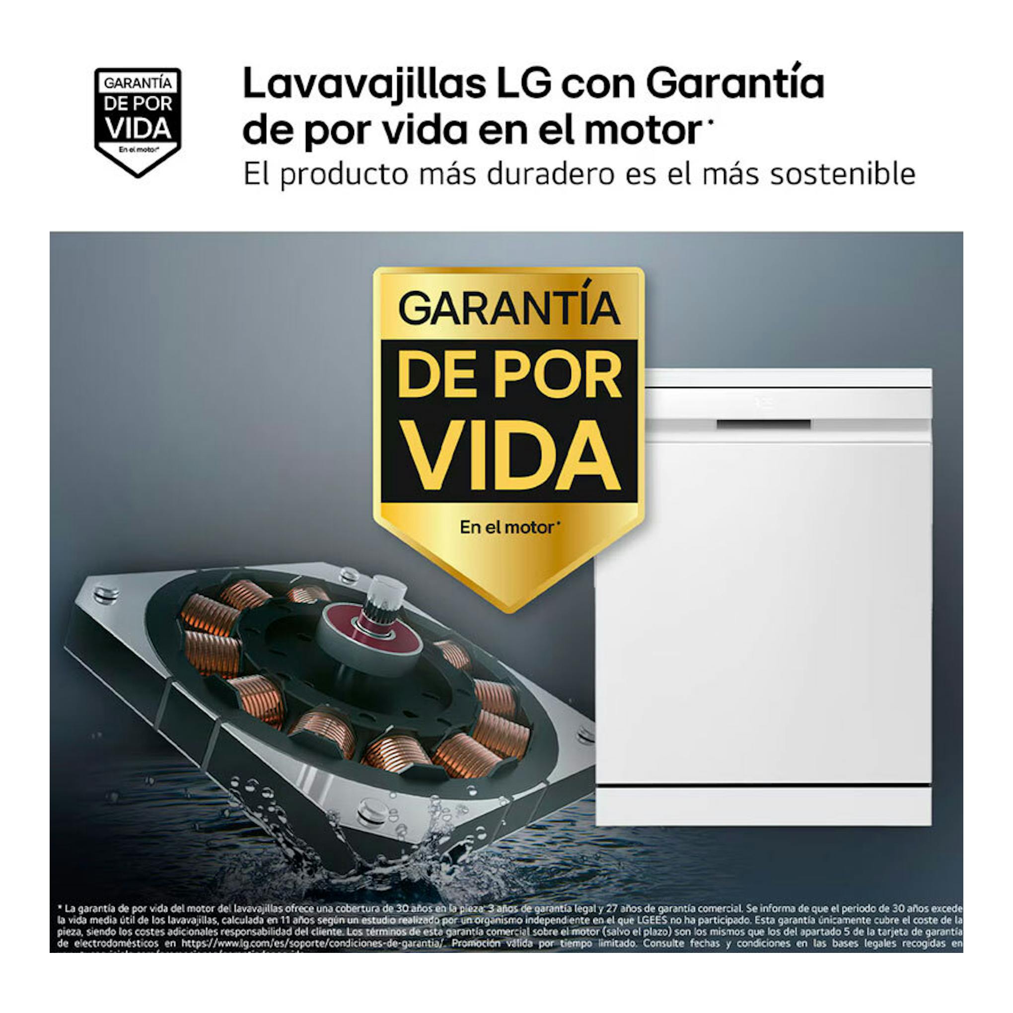Lavavajillas integrable LG blanco, vista frontal, con gráfico de motor y garantía de por vida.