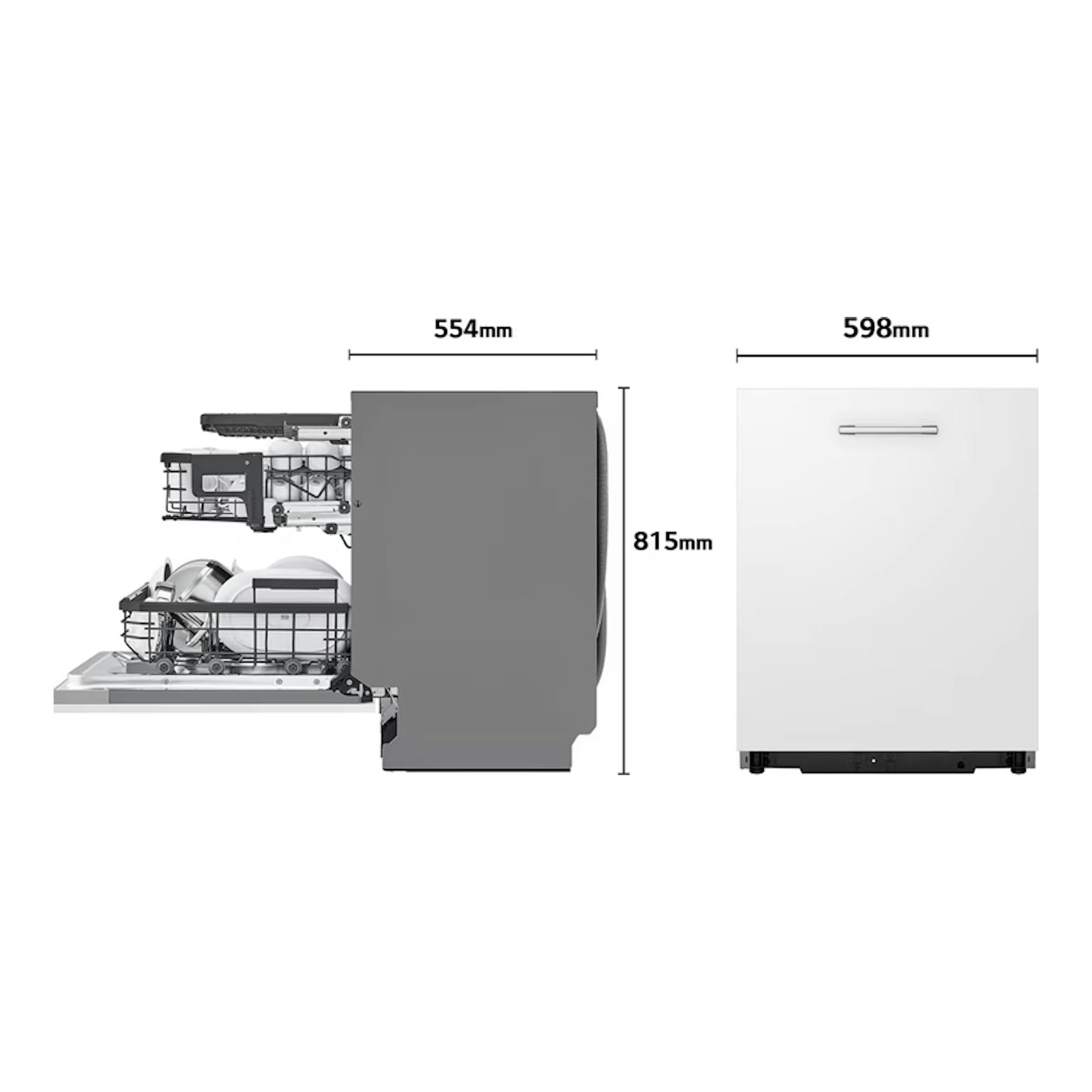 Lavavajillas integrable LG DB597TXS, vistas frontal y lateral en blanco, con medidas 598 x 815 x 554 mm.