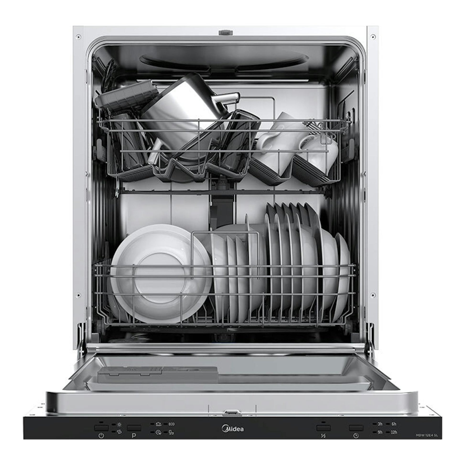 Lavavajillas integrable Midea MDW12E4SL abierto, vista frontal, con platos y copas en cestas.