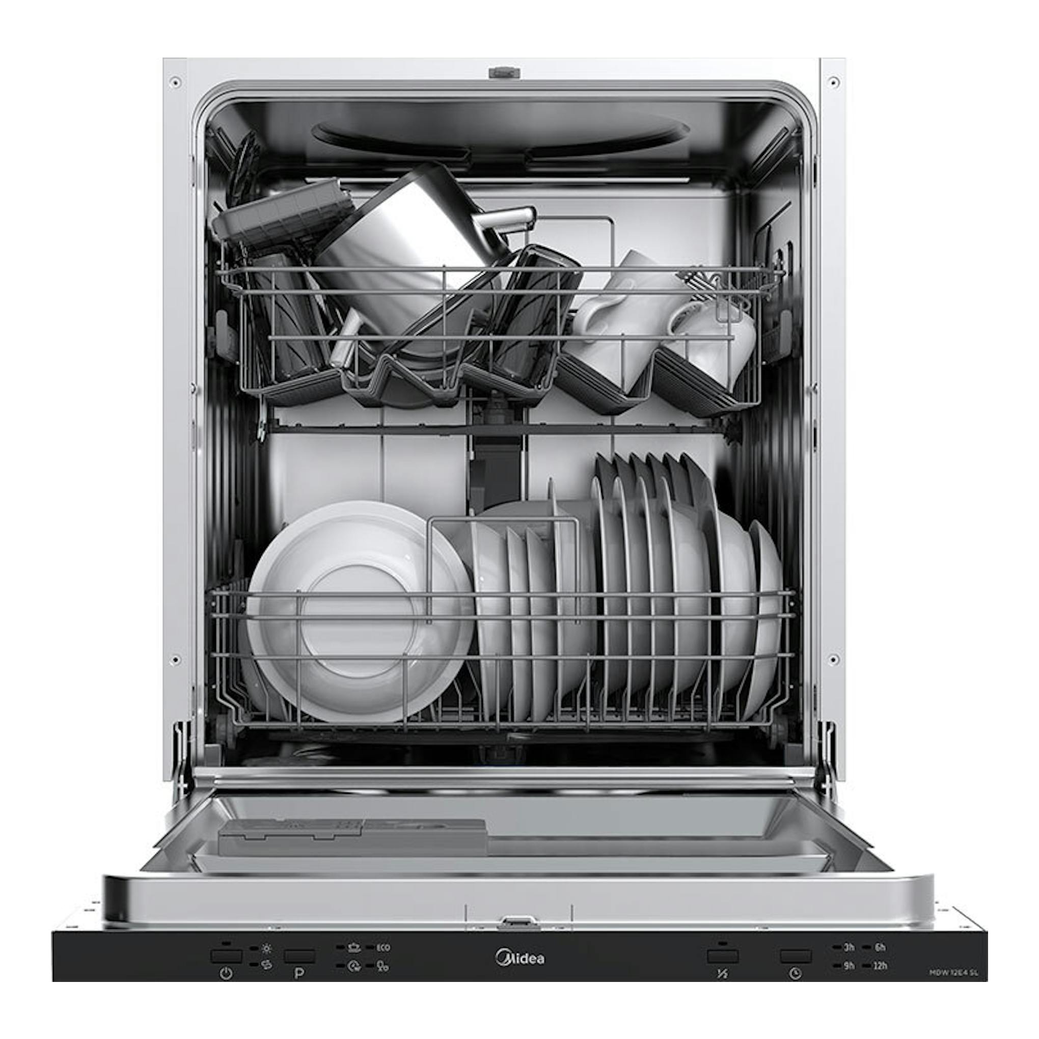 Lavavajillas integrable Midea MDW12E4SL abierto, vista frontal, con platos y copas en cestas.