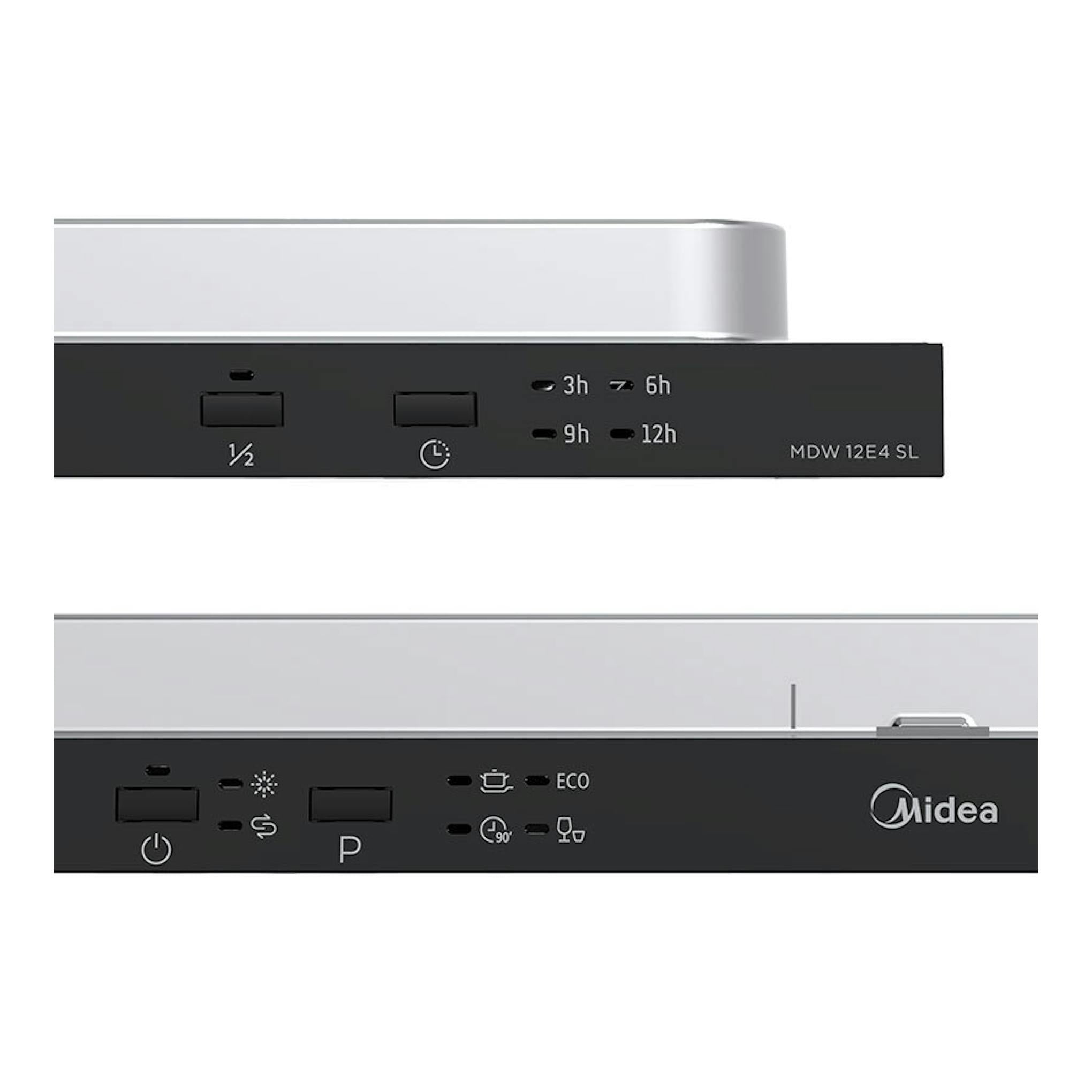 Lavavajillas integrable Midea MDW12E4SL, panel negro con botones y luces, vista frontal parcial.