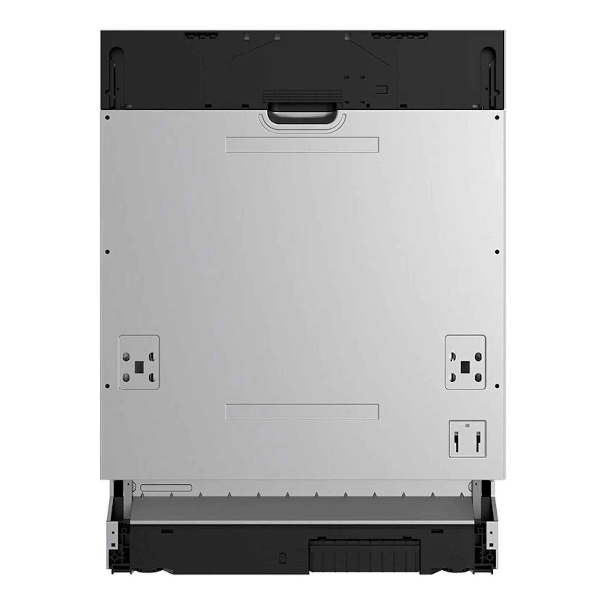 Lavavajillas integrable Midea MDWEB1403LB-WS, vista trasera, panel posterior plateado y partes superior e inferior negras.