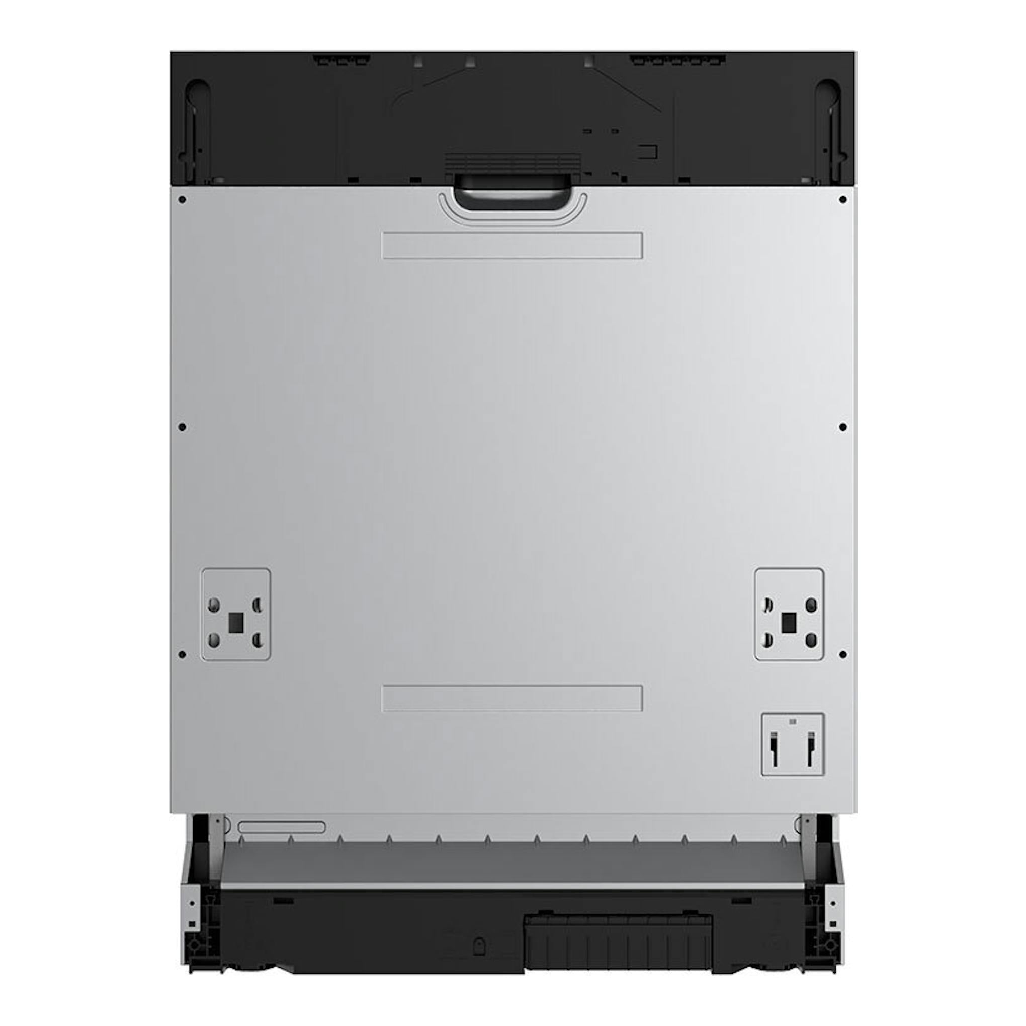 Lavavajillas integrable Midea MDWEB1403LB-WS, vista trasera, panel posterior plateado y partes superior e inferior negras.