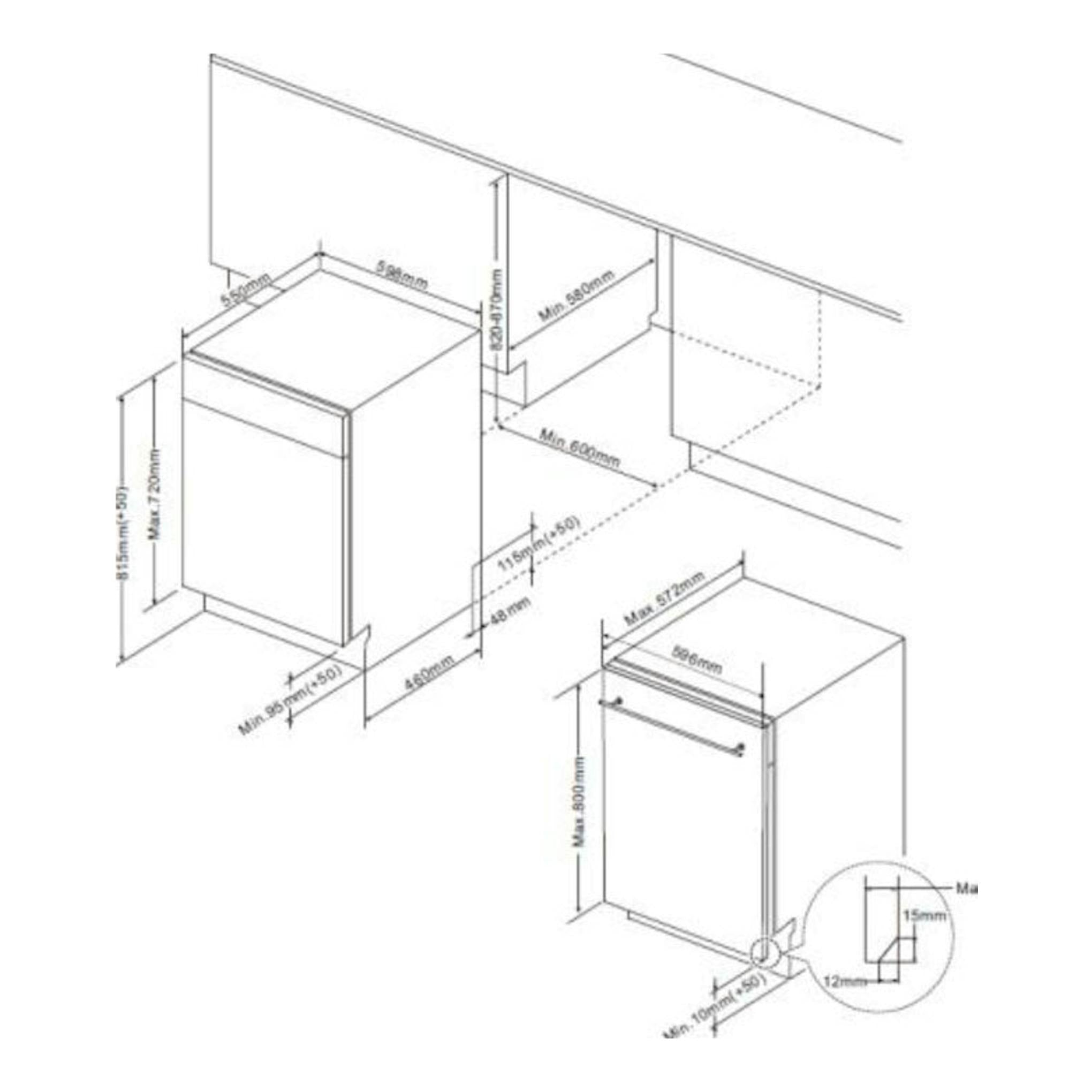 Diagrama técnico de instalación de lavavajillas integrable Midea MDWEB1403LB-WS de 60 cm, con medidas.