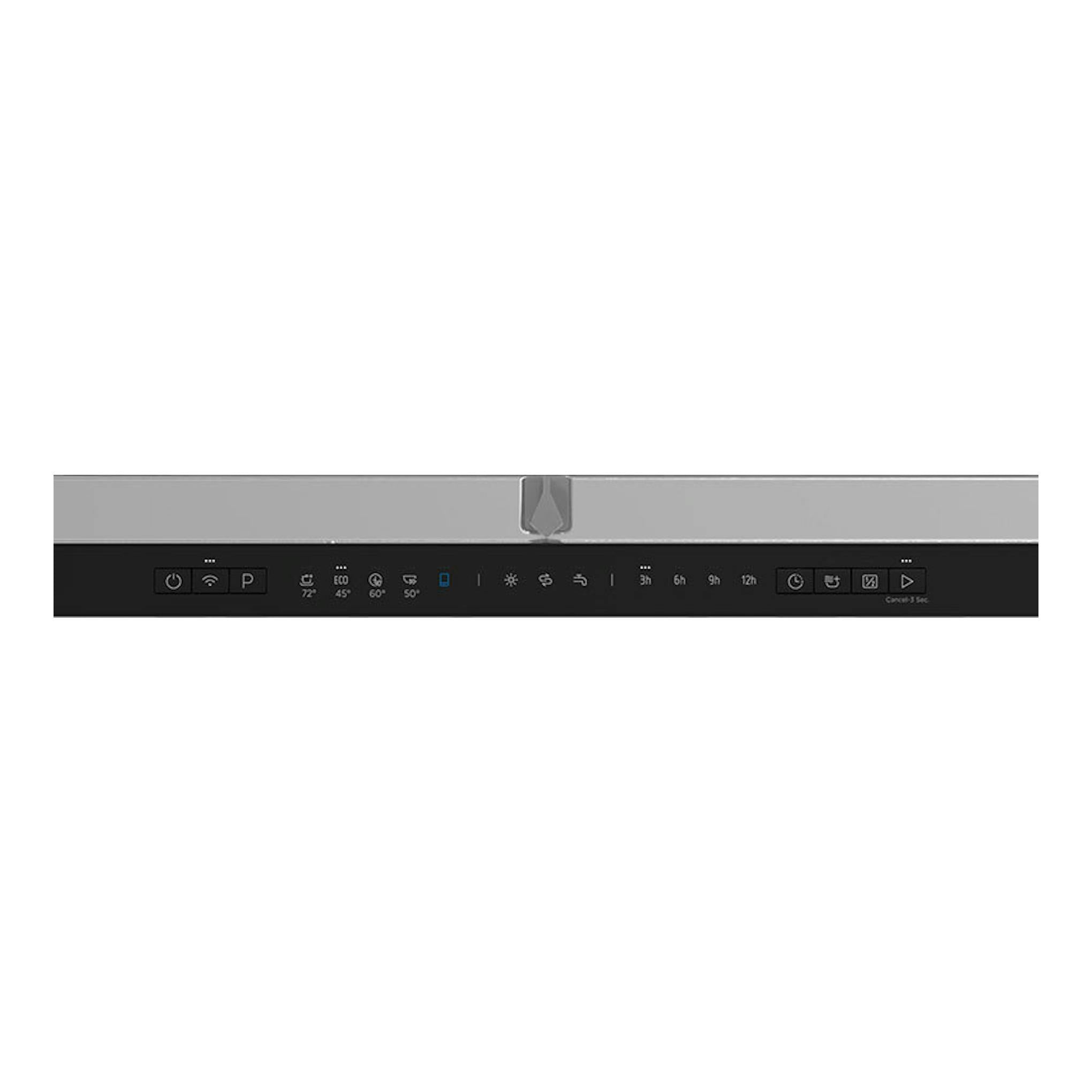 Lavavajillas integrable Midea MDWEB1403LB-WS, vista frontal del panel negro y puerta gris.