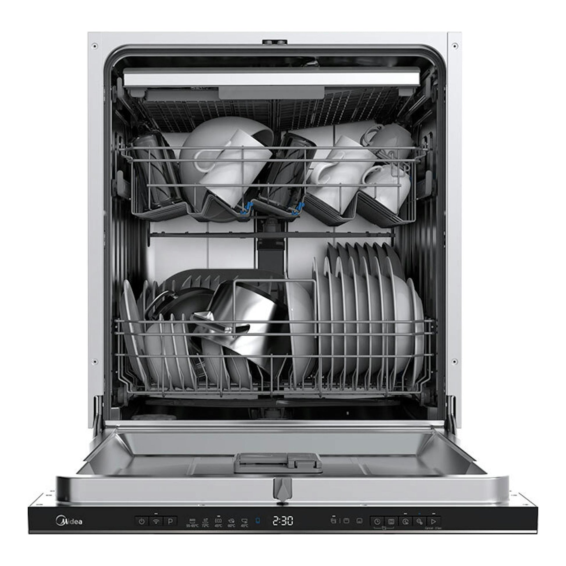 Lavavajillas integrable Midea MDWEB1403MB-EA, abierto, en vista frontal, con cestas cargadas de vajilla gris.