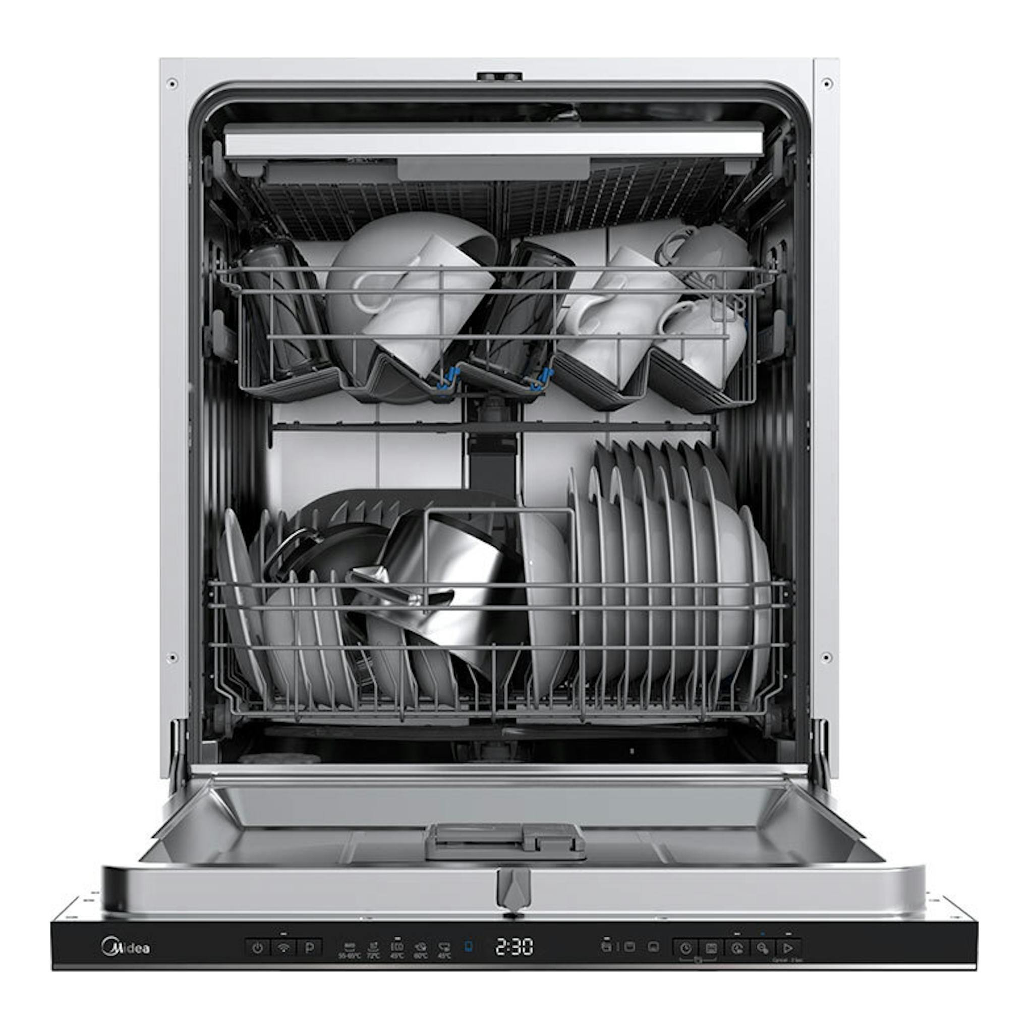 Lavavajillas integrable Midea MDWEB1403MB-EA, abierto, en vista frontal, con cestas cargadas de vajilla gris.