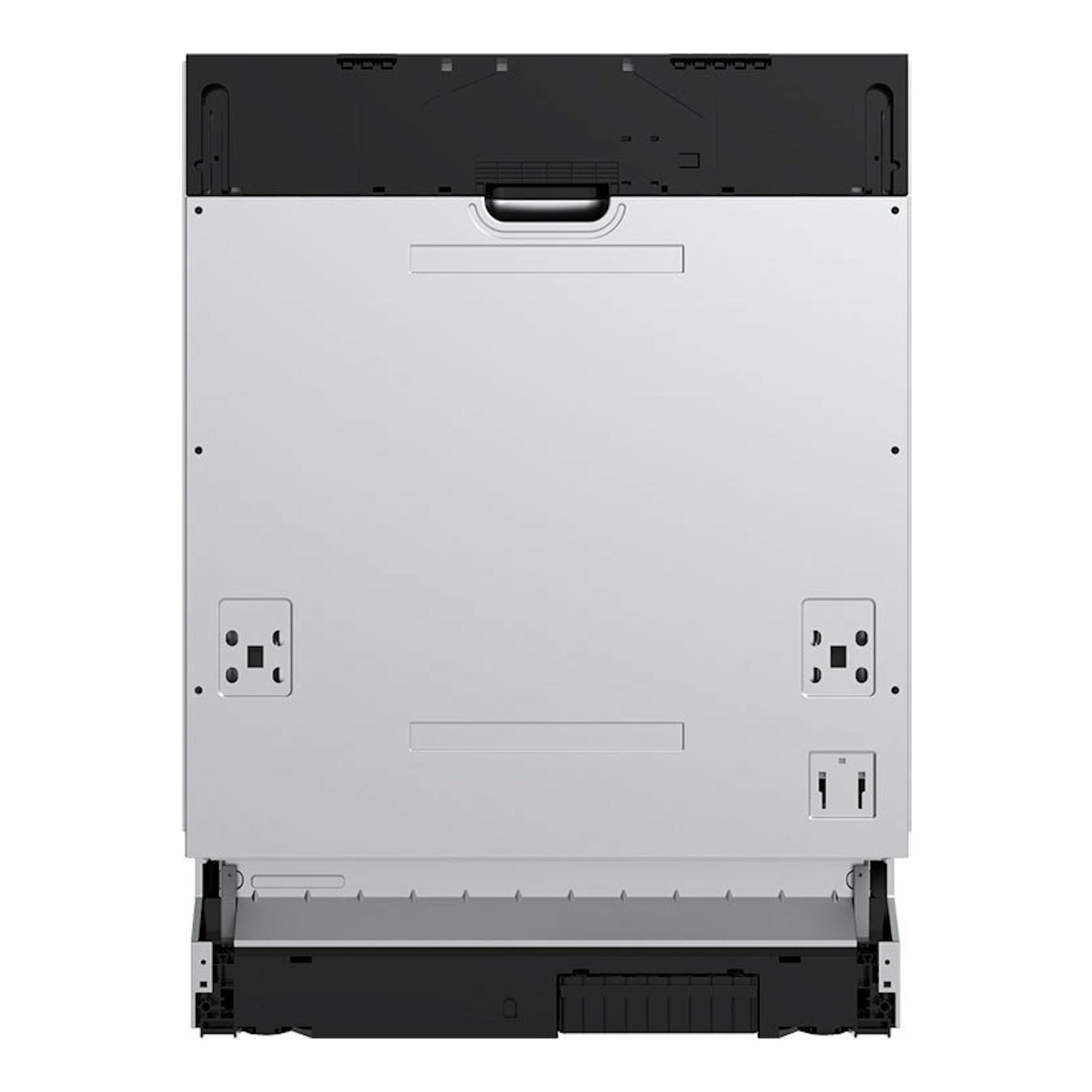 Lavavajillas integrable Midea MDWEB1403MB-EA, vista trasera, panel blanco y partes superiores e inferiores negras.