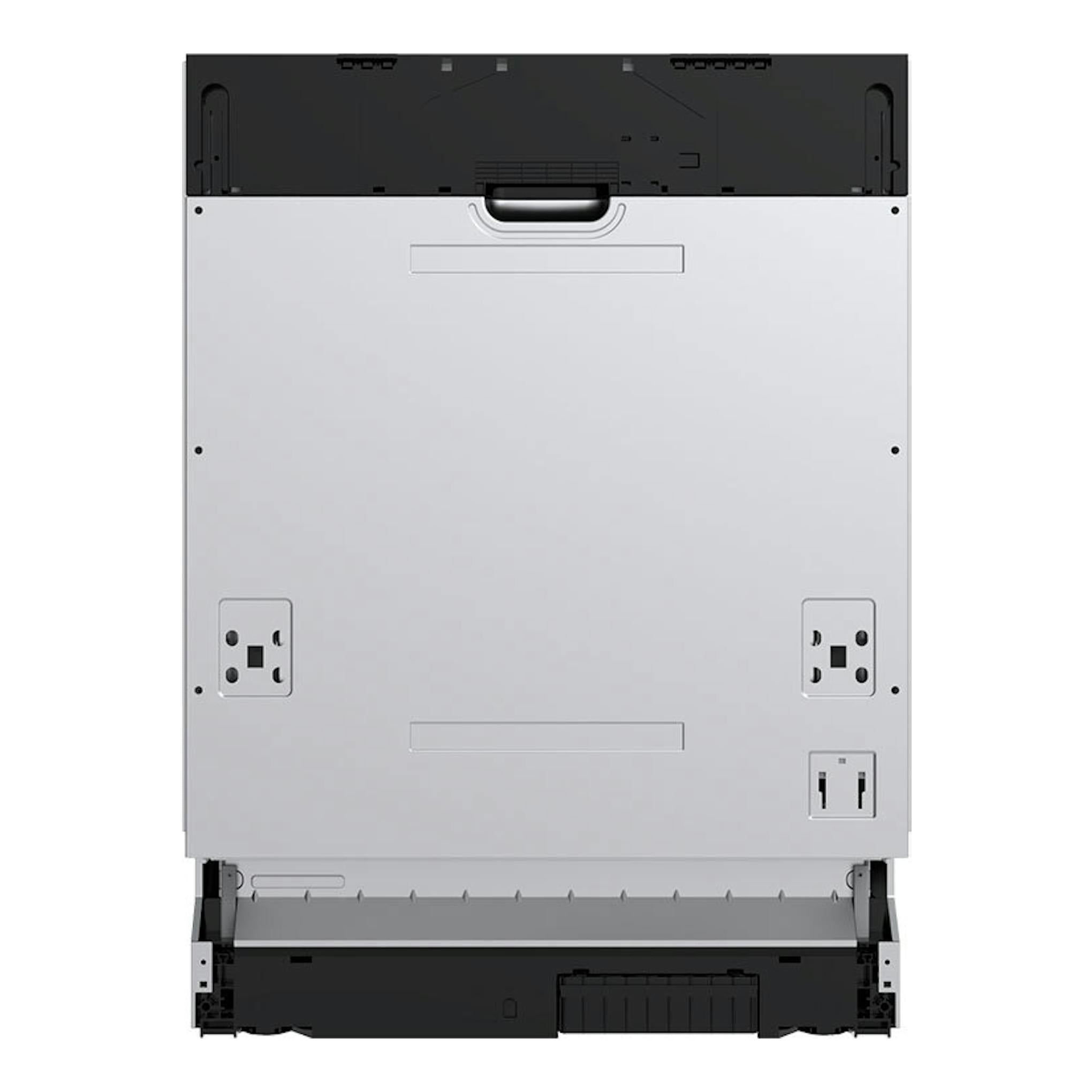 Lavavajillas integrable Midea MDWEB1403MB-EA, vista trasera, panel blanco y partes superiores e inferiores negras.