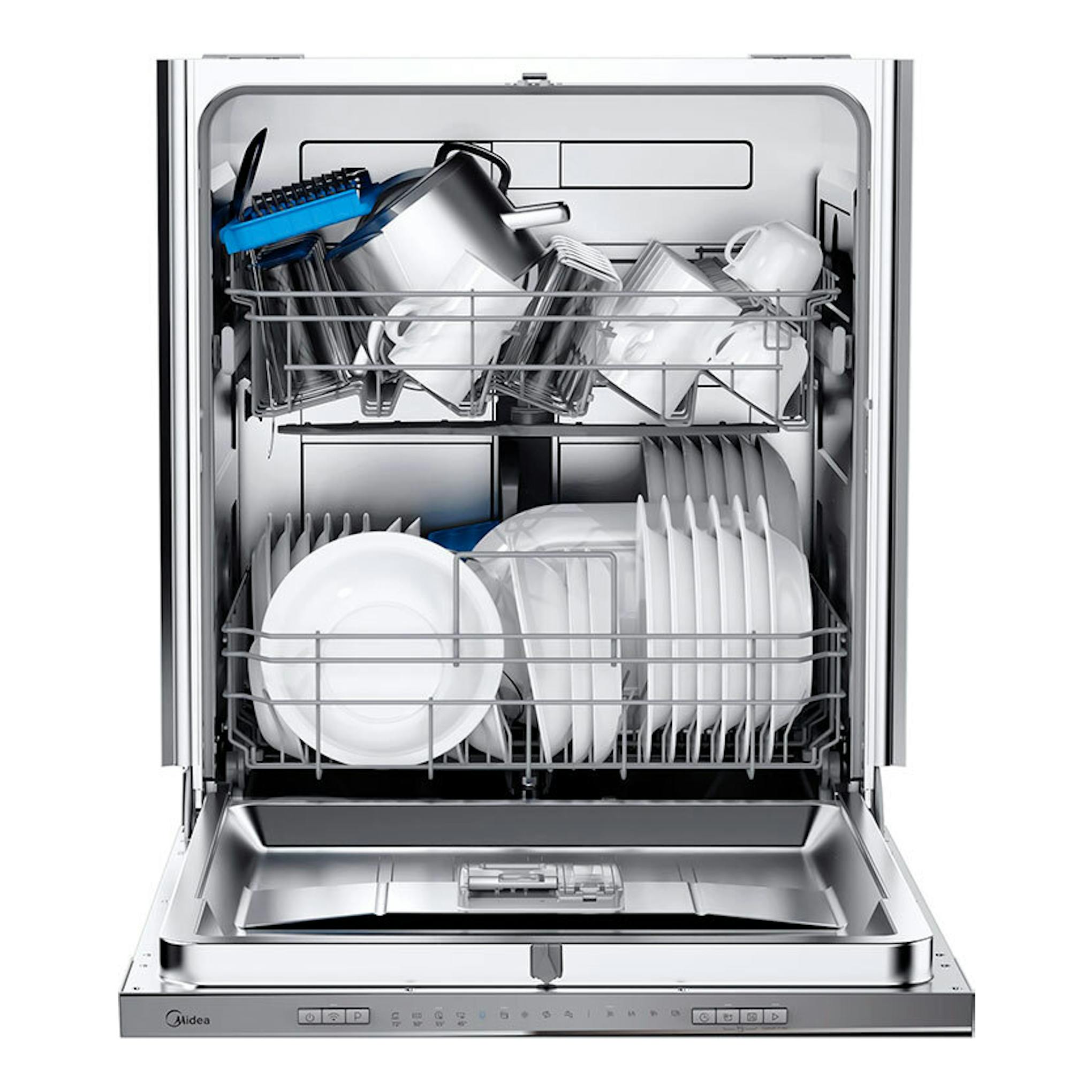Lavavajillas integrable Midea MDWPB1303LS-W abierto, con dos cestas y vajilla blanca vista frontal.