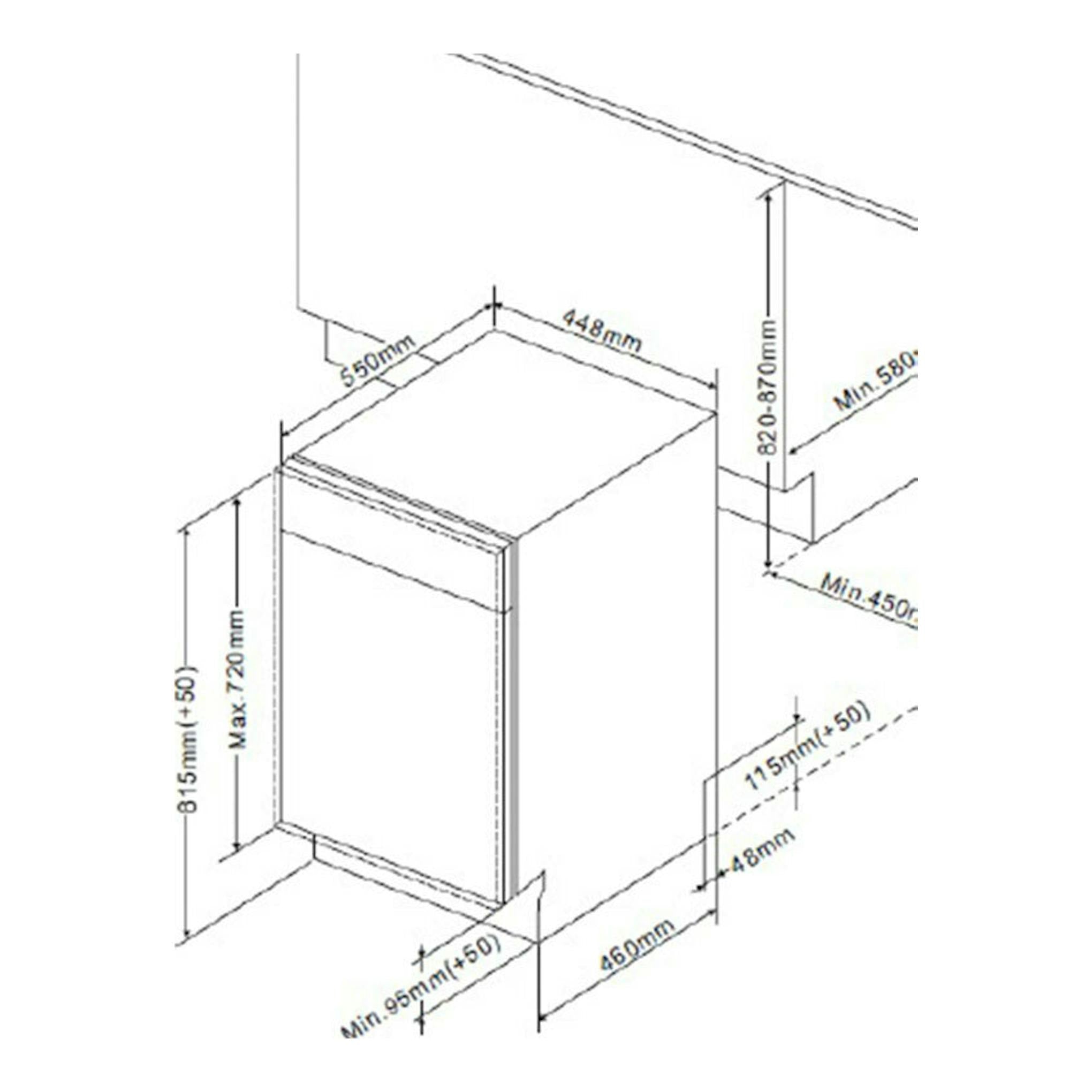 Esquema técnico en perspectiva de lavavajillas integrable Midea MID45S120ES de 45 cm, con medidas de instalación.