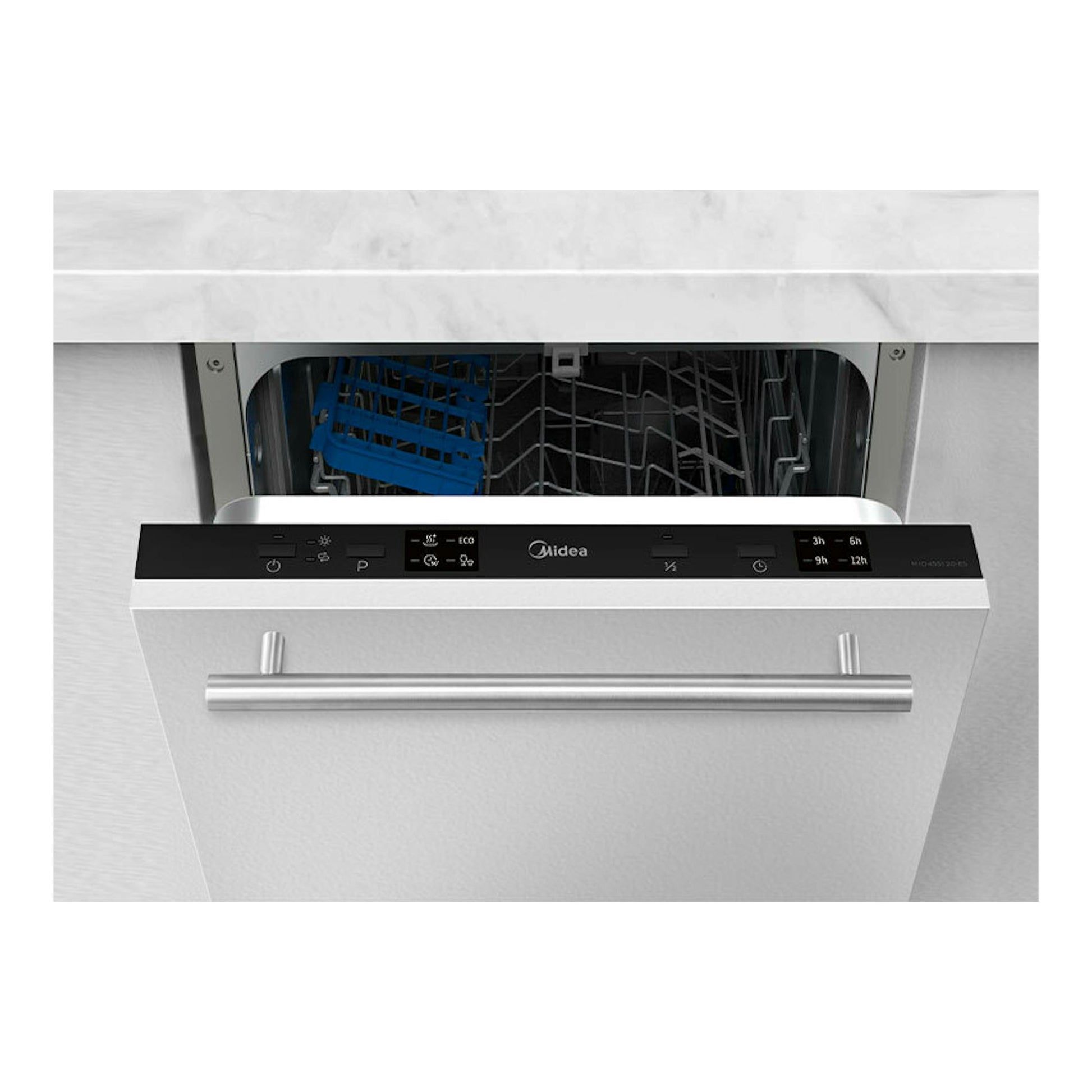 Lavavajillas integrable Midea MID45S120ES, vista frontal con puerta abierta, acabado plateado.