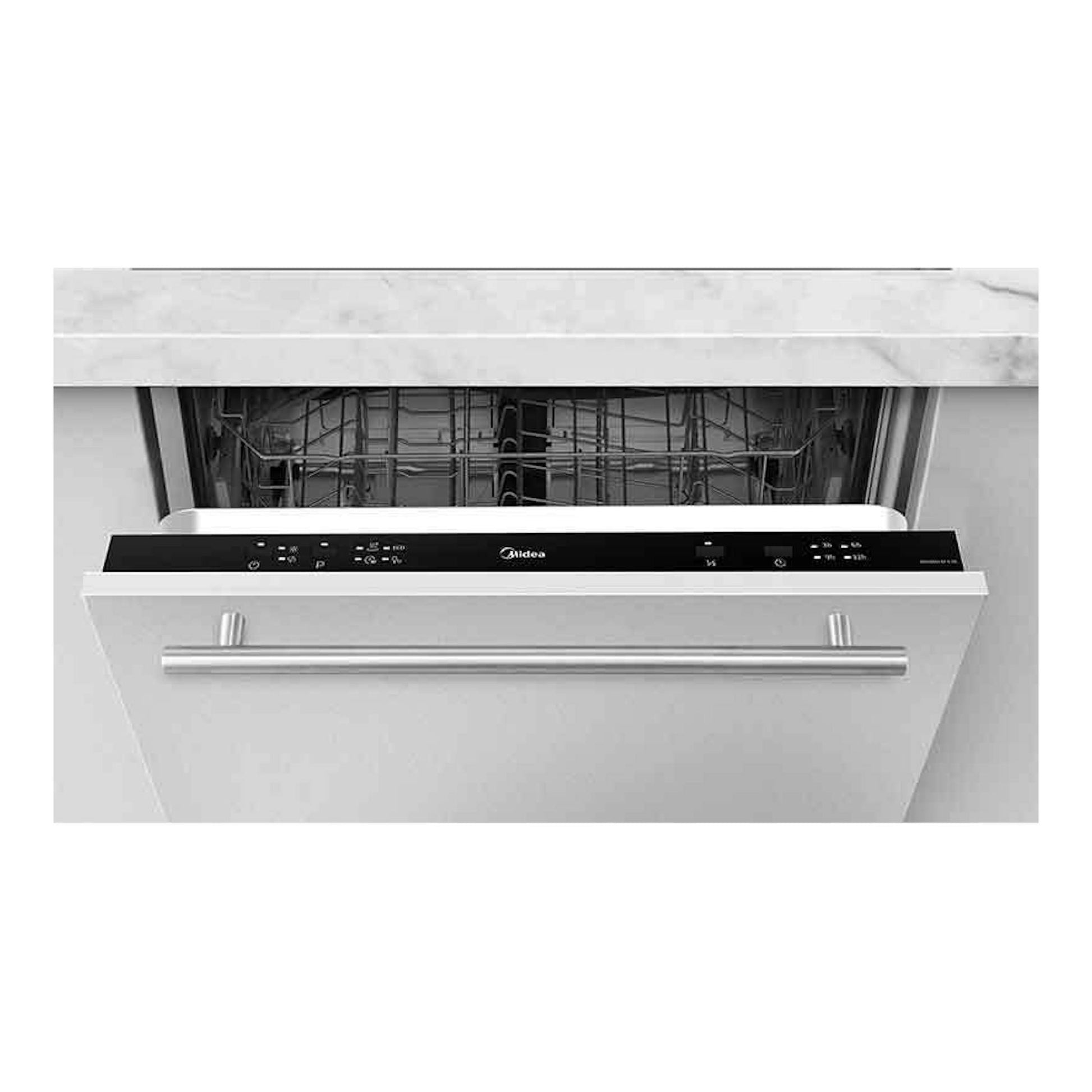 Lavavajillas integrable Midea MID60S110.1-ES blanco, vista frontal con la puerta abierta y panel negro.