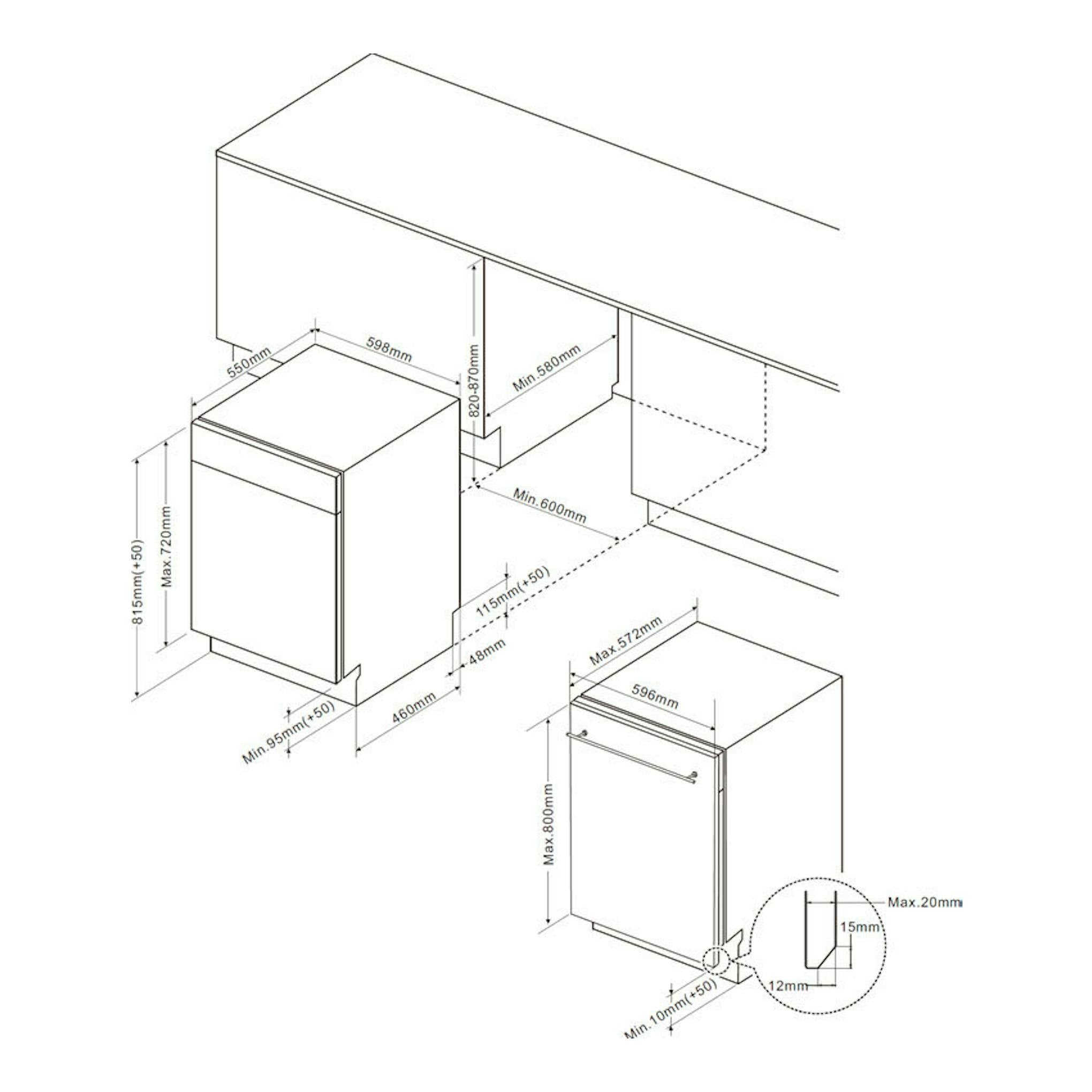 Diagrama isométrico de instalación de lavavajillas integrable Midea MID60S200 2-ES, en blanco, con medidas.