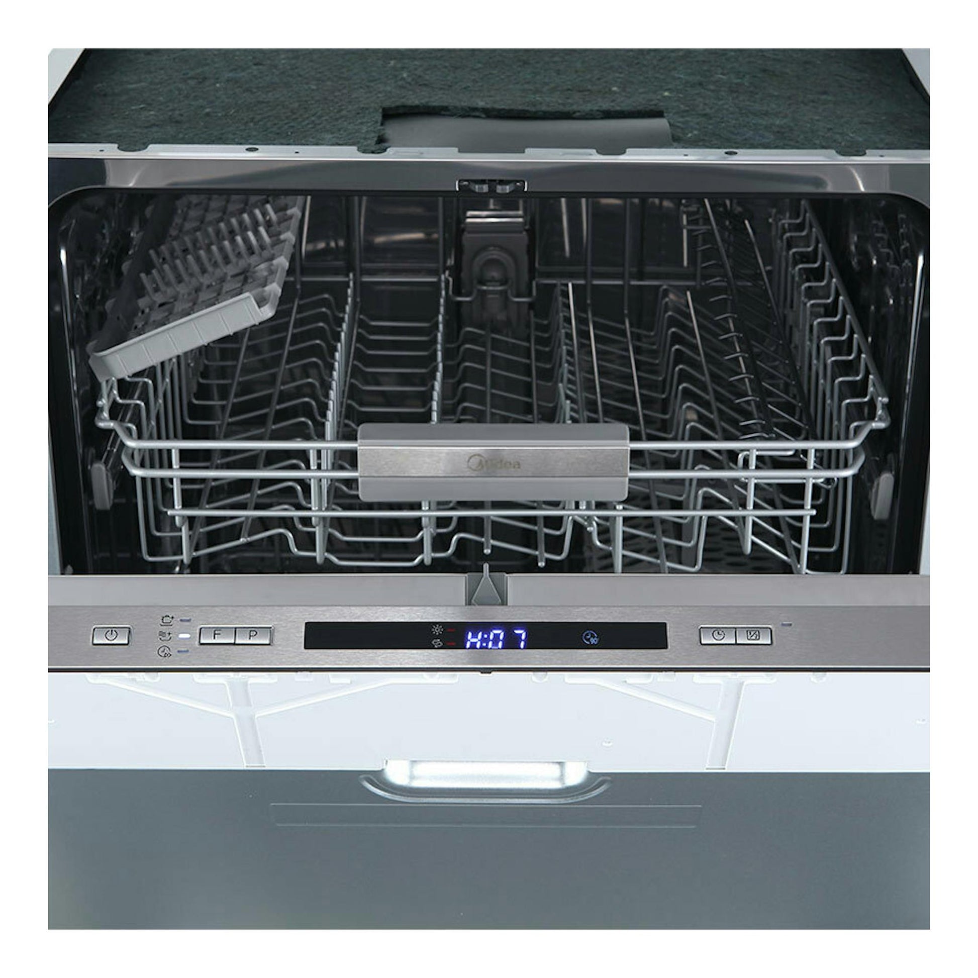 Lavavajillas integrable Midea MID60S200 2-ES abierto, con cesta y panel digital frontal.