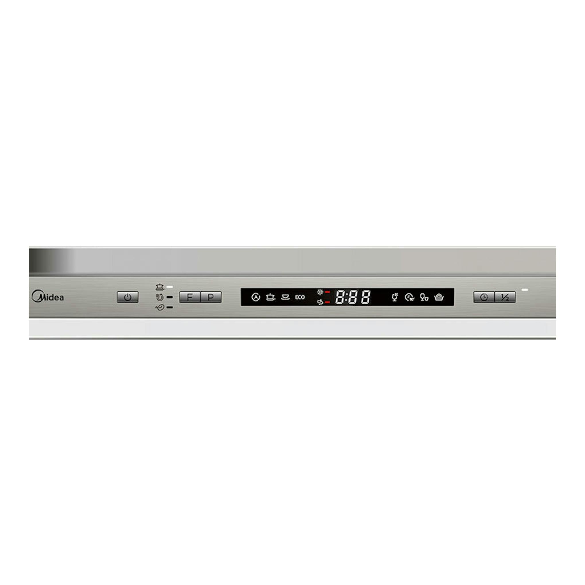 Lavavajillas integrable Midea MID60S200, vista frontal parcial del panel de control en acero inoxidable.