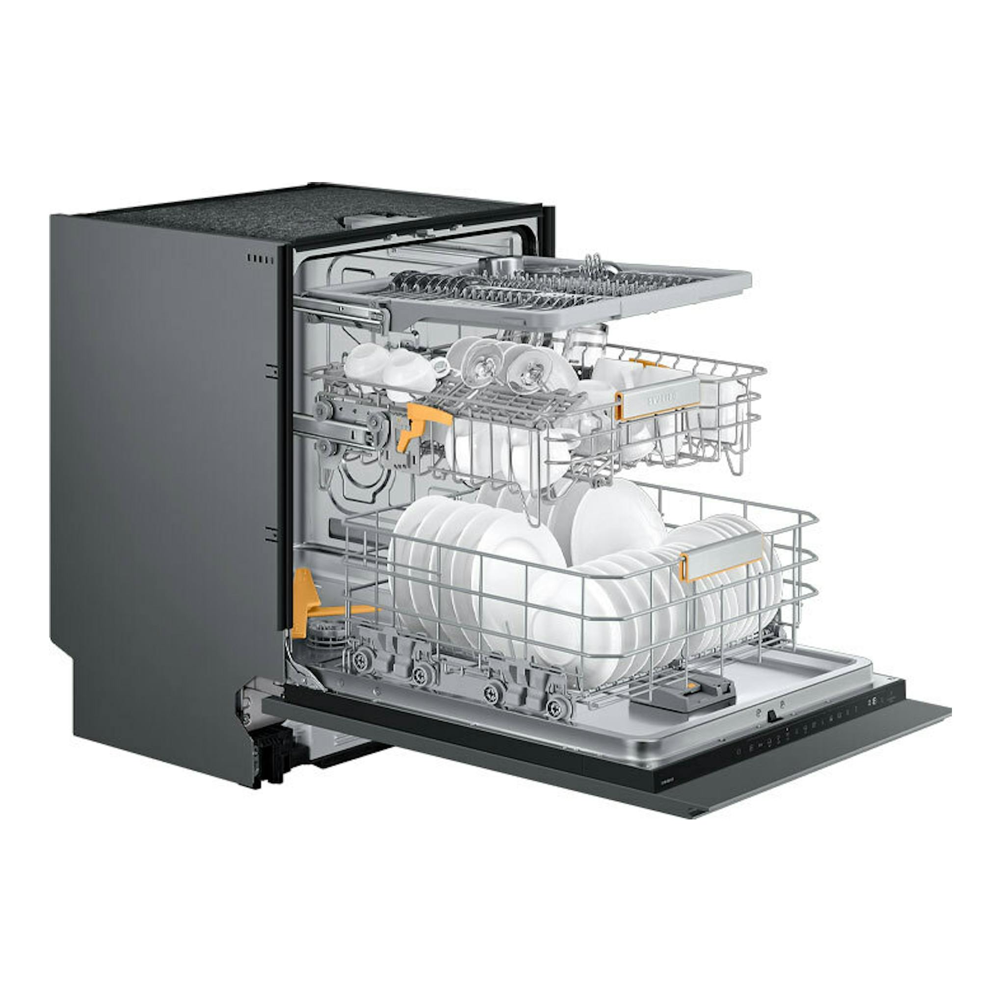 Lavavajillas integrable Samsung DW60DG790I00U1 en vista frontal abierta, con interior y cestas visibles.